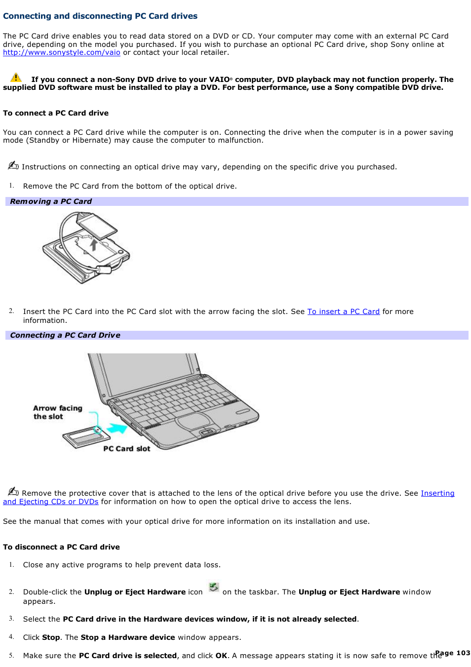 Connecting and disconnecting pc card drives | Sony PCG-SRX99K User Manual | Page 103 / 217