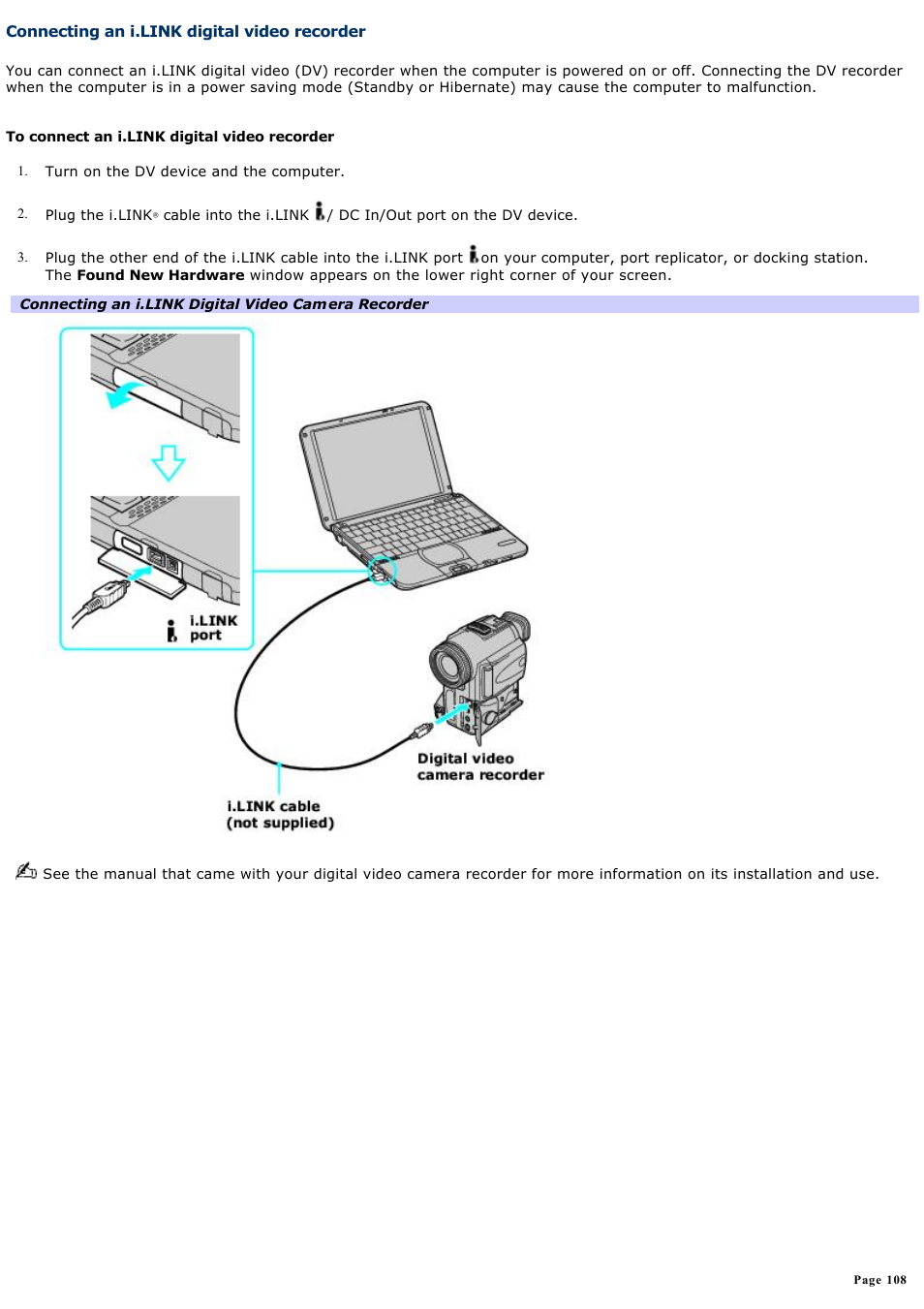 Connecting an i.link digital video recorder | Sony PCG-SRX99K User Manual | Page 108 / 217