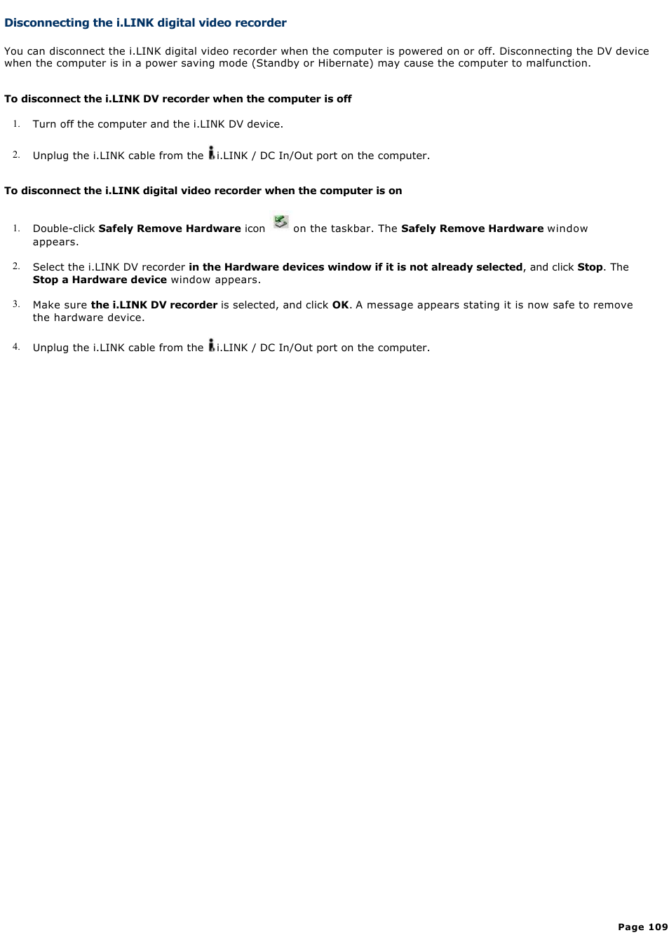 Disconnecting the i.link digital video recorder | Sony PCG-SRX99K User Manual | Page 109 / 217