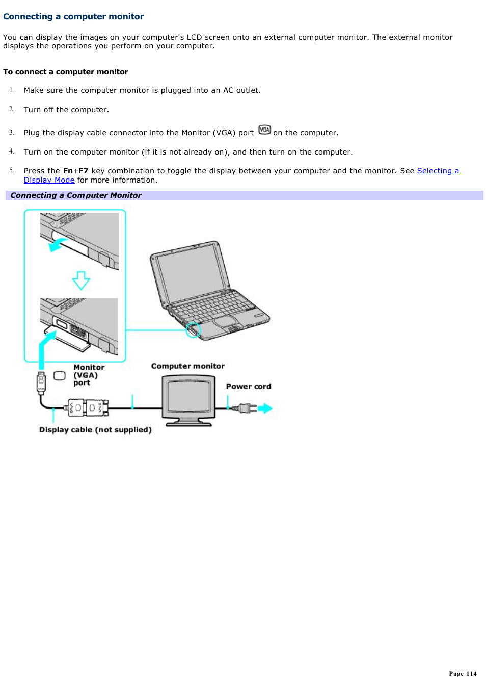 Connecting a computer monitor | Sony PCG-SRX99K User Manual | Page 114 / 217