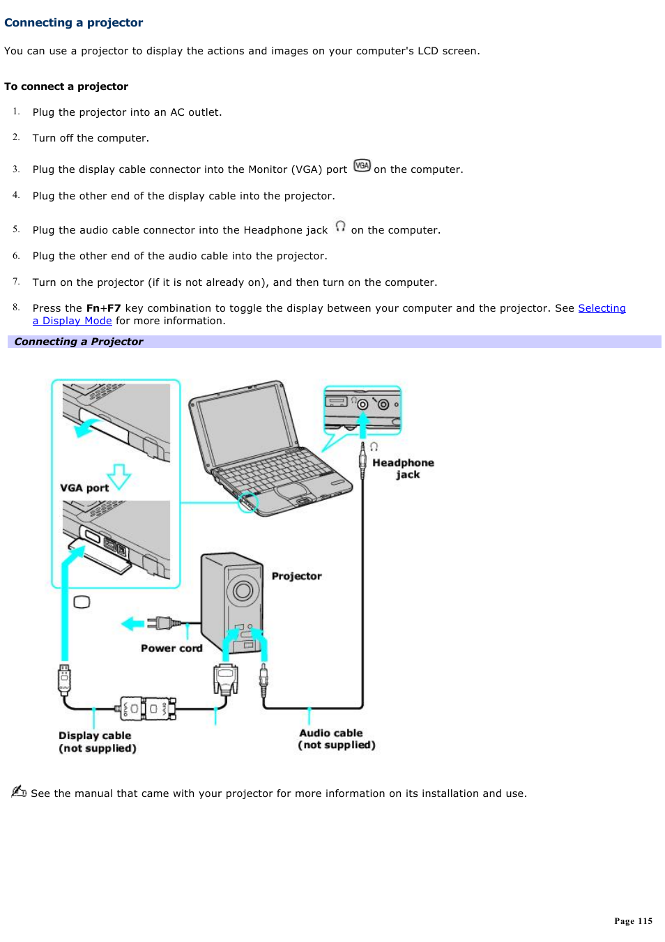 Connecting a projector | Sony PCG-SRX99K User Manual | Page 115 / 217