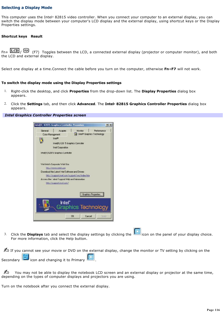 Selecting a display mode | Sony PCG-SRX99K User Manual | Page 116 / 217