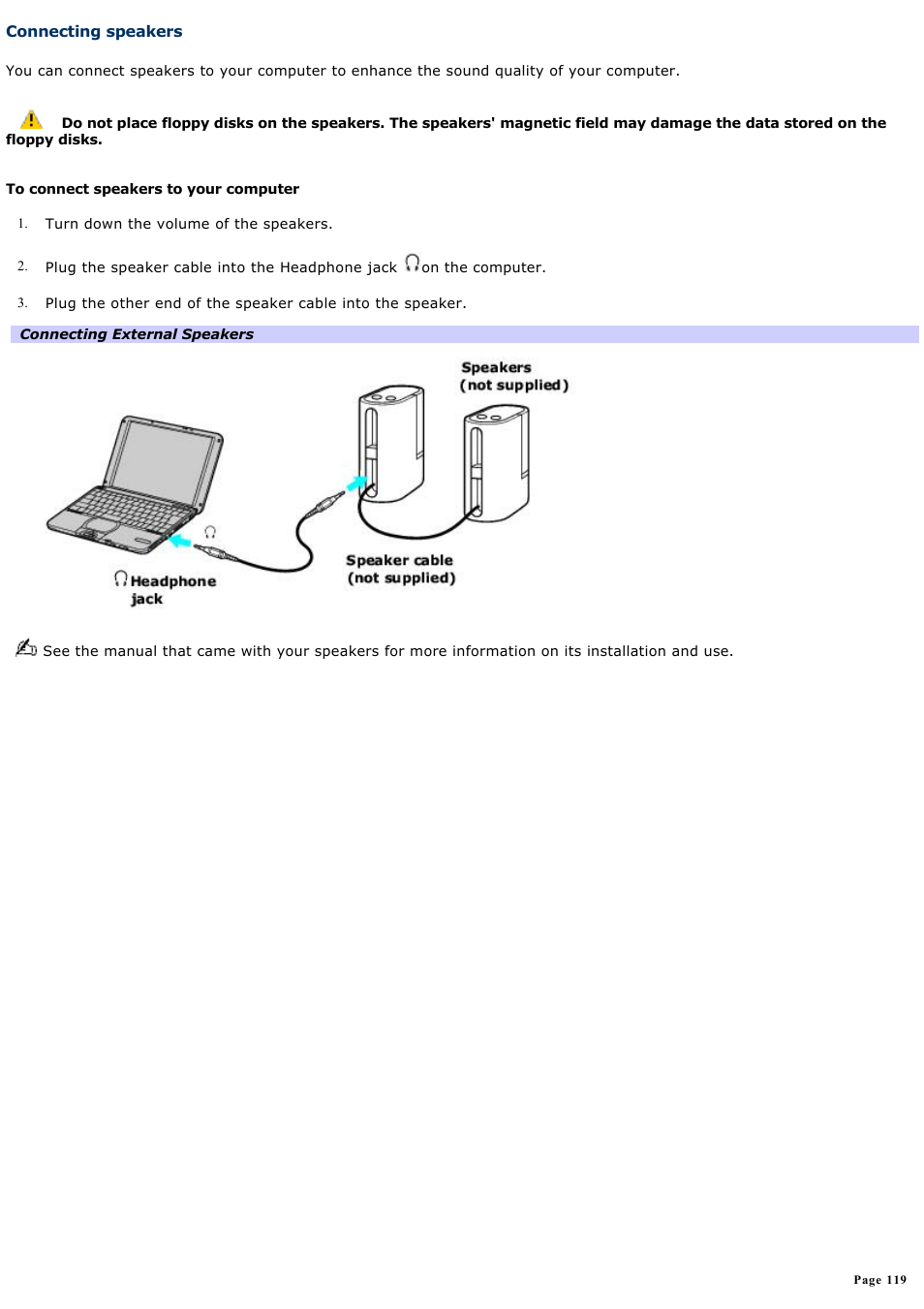 Connecting speakers | Sony PCG-SRX99K User Manual | Page 119 / 217