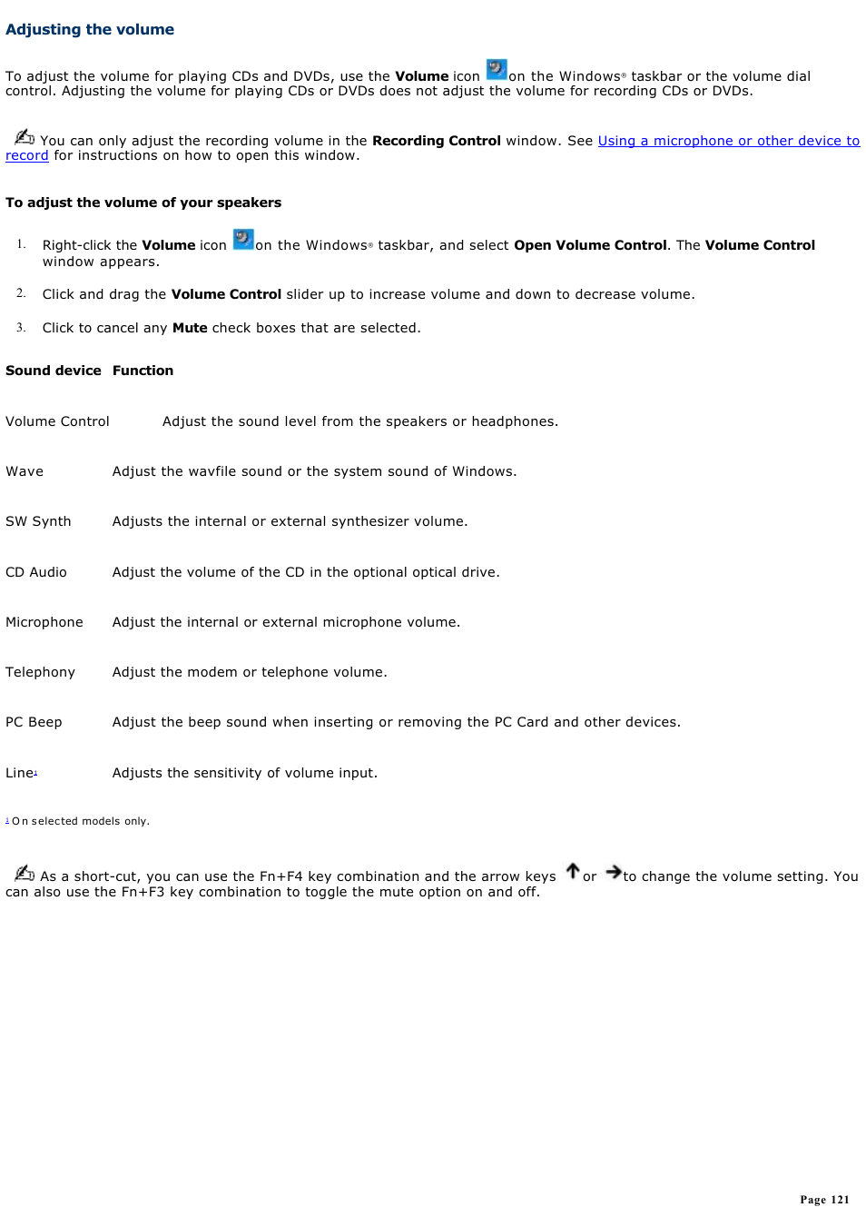 Adjusting the volume | Sony PCG-SRX99K User Manual | Page 121 / 217