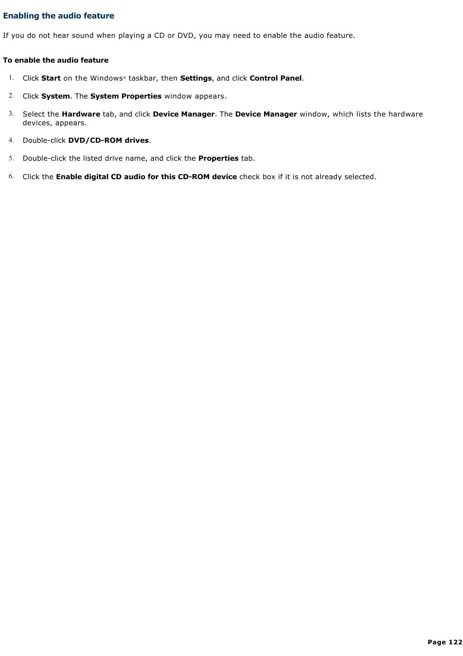 Enabling the audio feature | Sony PCG-SRX99K User Manual | Page 122 / 217