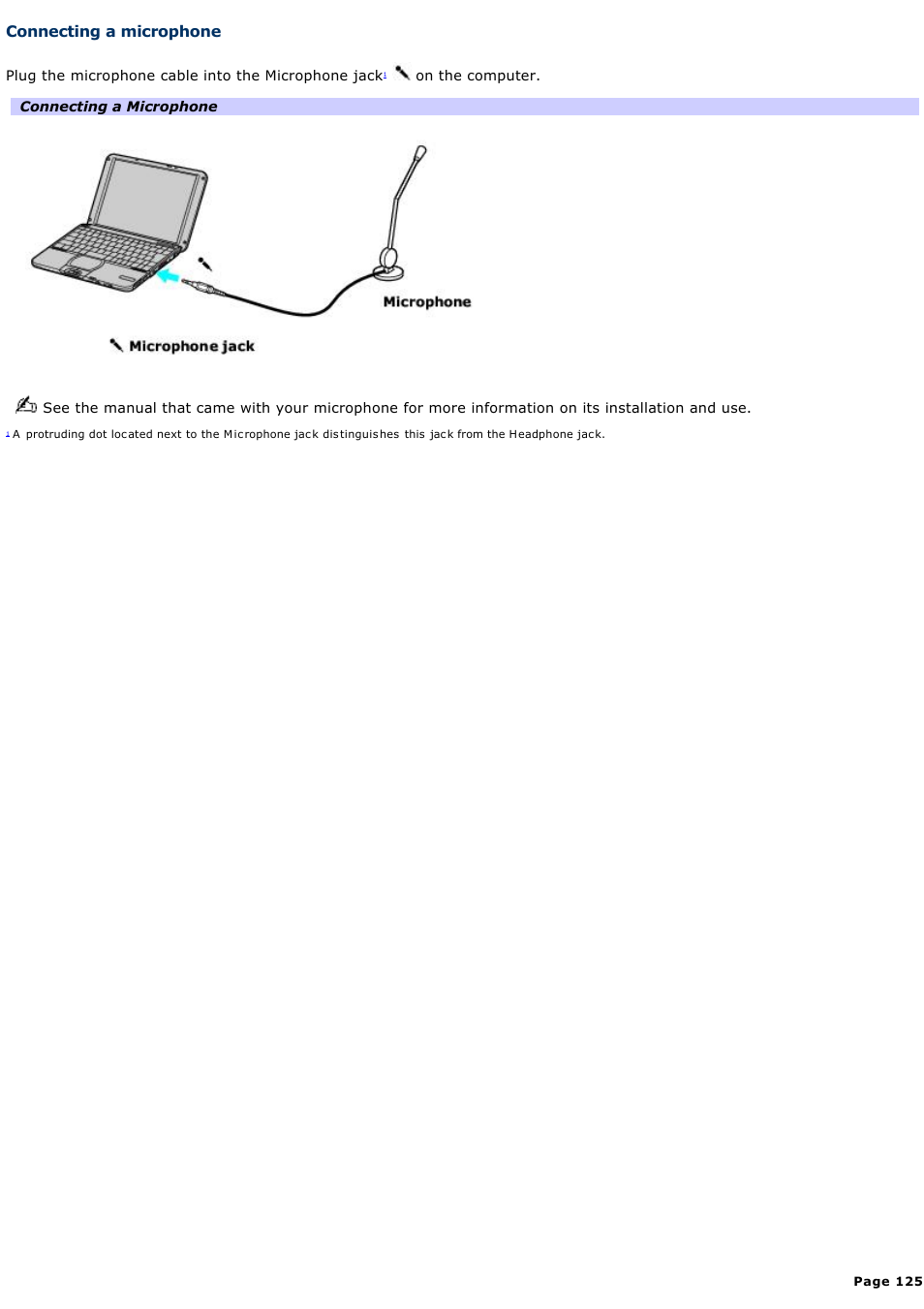 Connecting a microphone | Sony PCG-SRX99K User Manual | Page 125 / 217