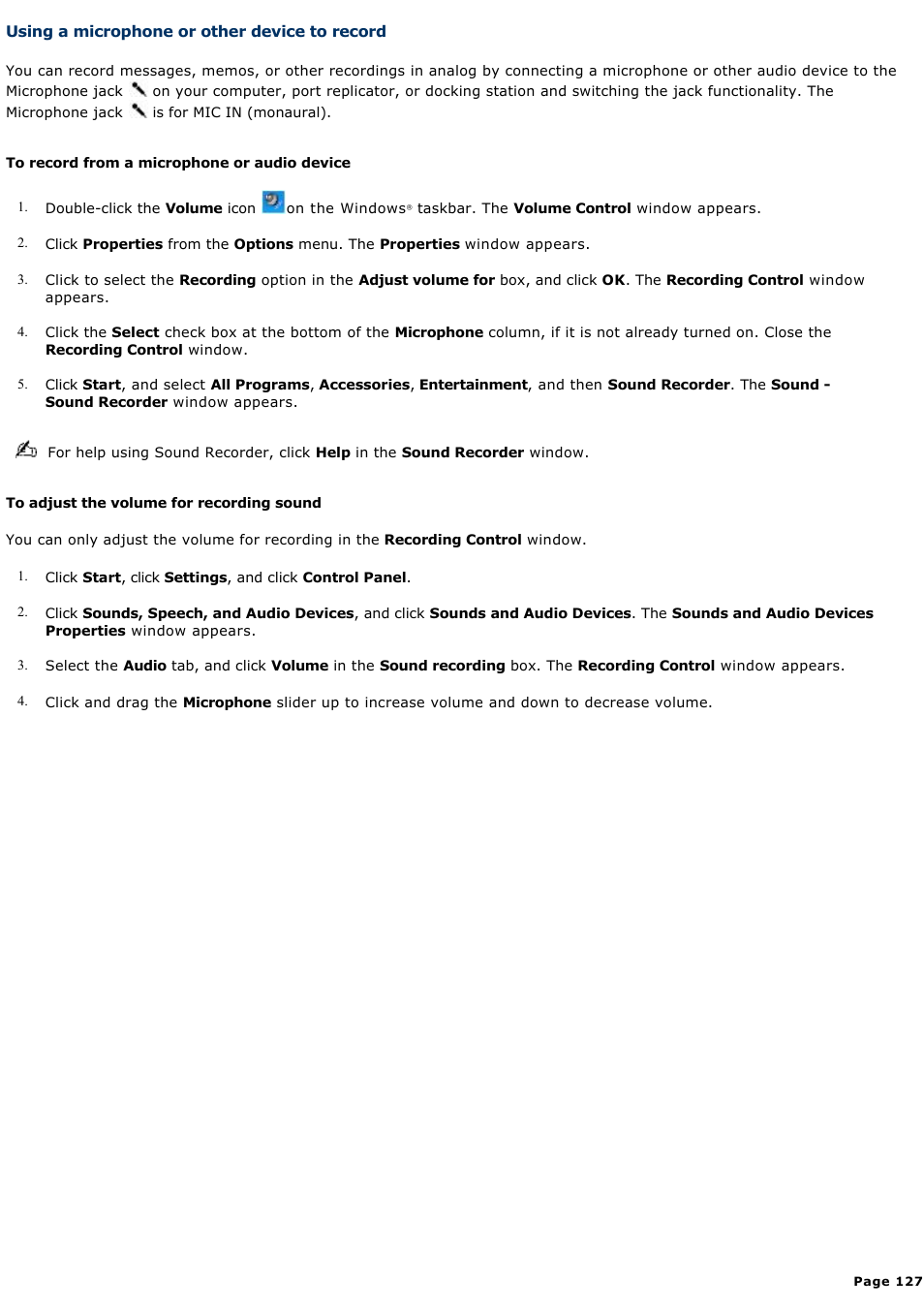 Using a microphone or other device to record | Sony PCG-SRX99K User Manual | Page 127 / 217