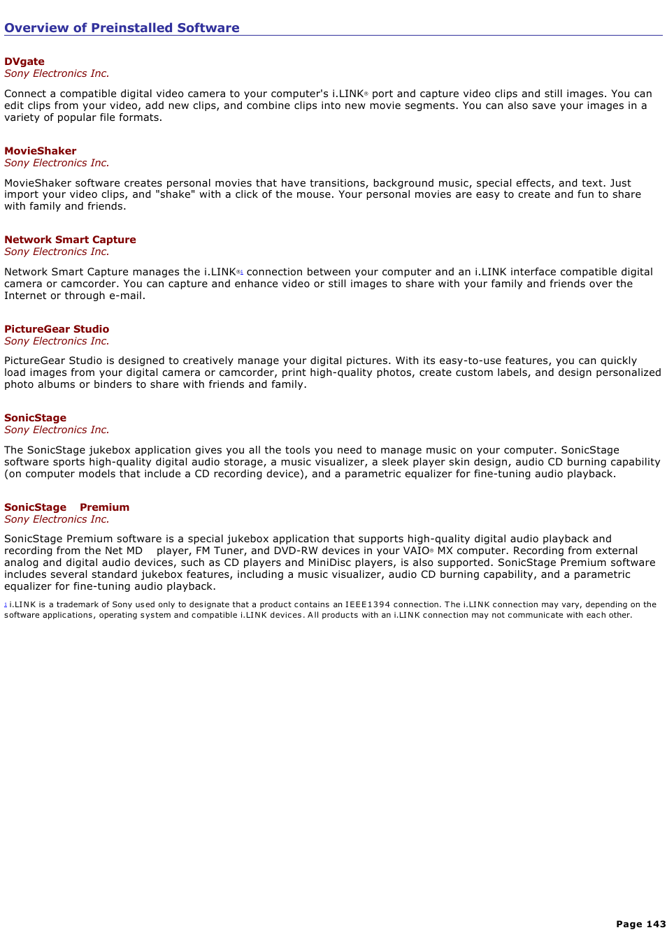 Overview of preinstalled software | Sony PCG-SRX99K User Manual | Page 143 / 217