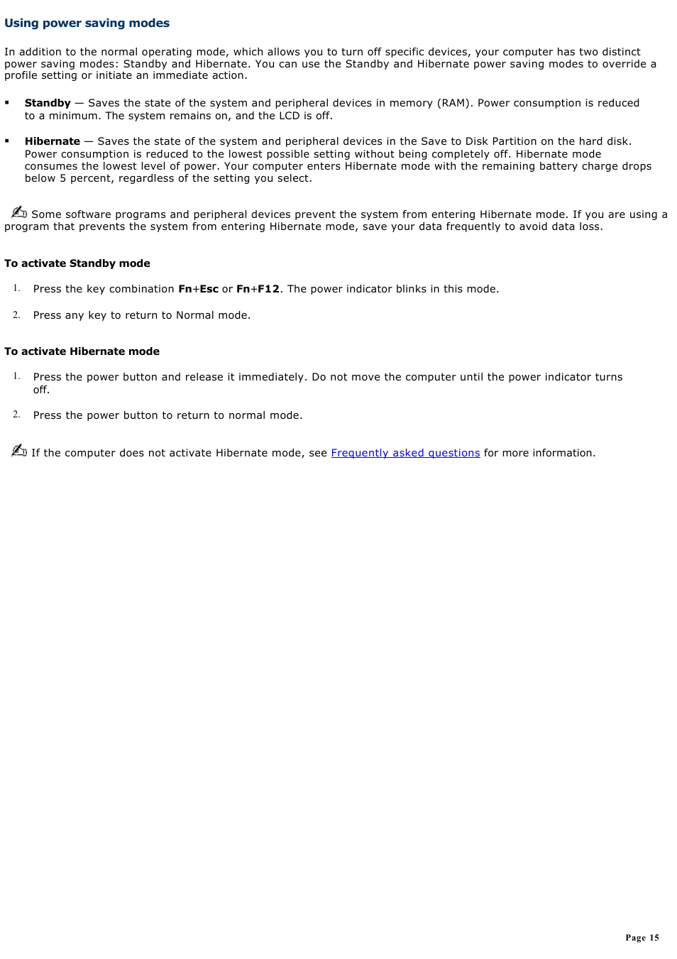 Using power saving modes | Sony PCG-SRX99K User Manual | Page 15 / 217