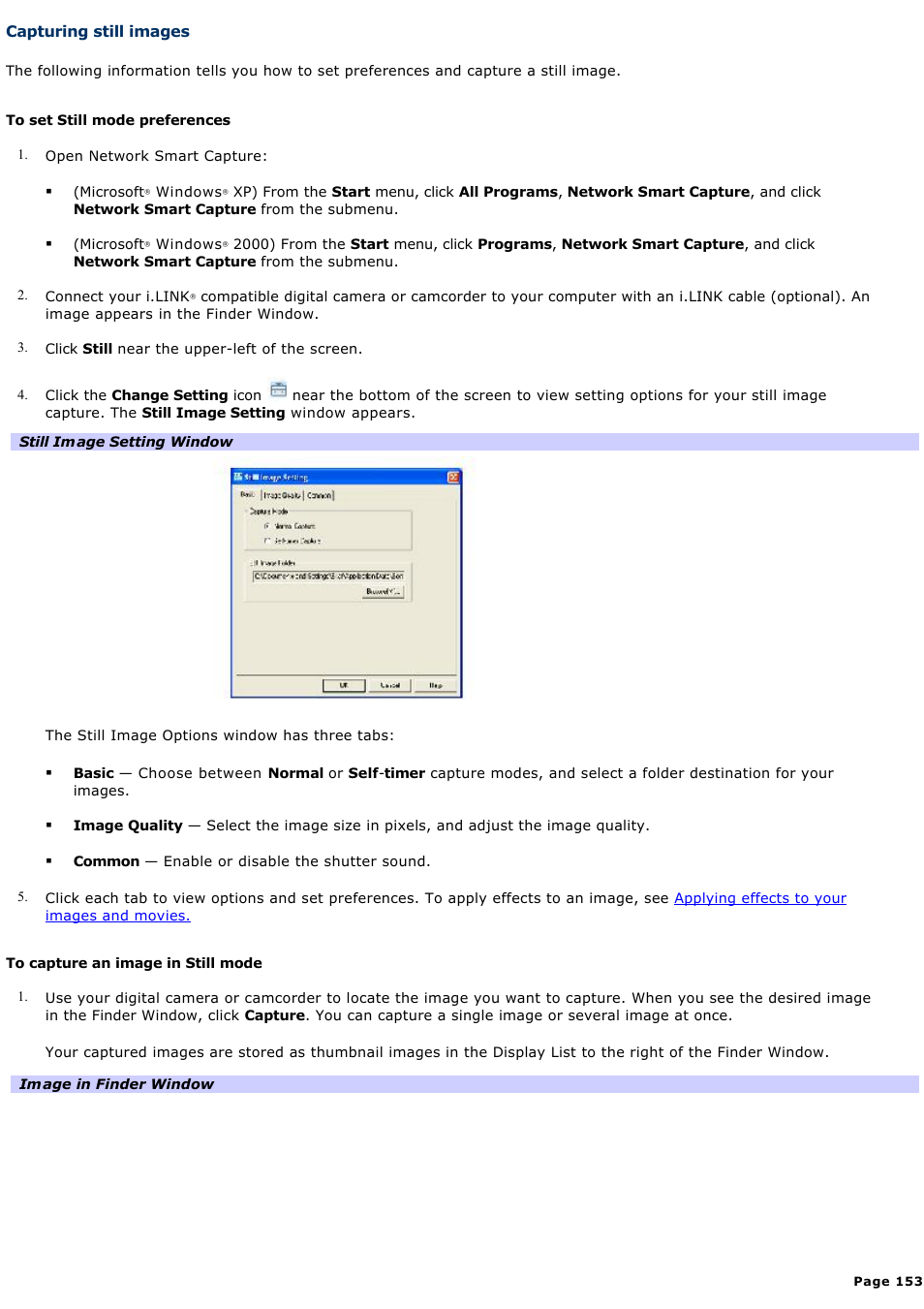 Capturing still images | Sony PCG-SRX99K User Manual | Page 153 / 217