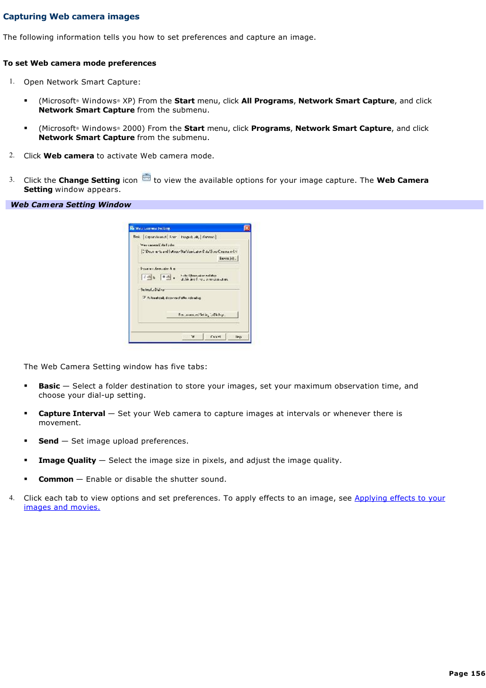 Capturing web camera images | Sony PCG-SRX99K User Manual | Page 156 / 217