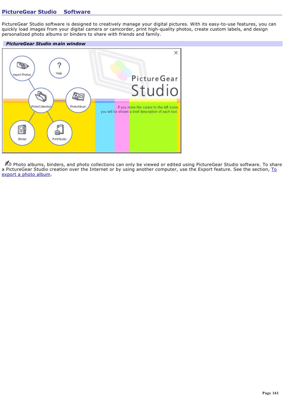 Picturegear studio™ software | Sony PCG-SRX99K User Manual | Page 161 / 217