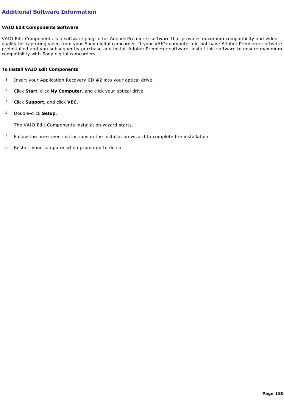 Additional software information | Sony PCG-SRX99K User Manual | Page 180 / 217