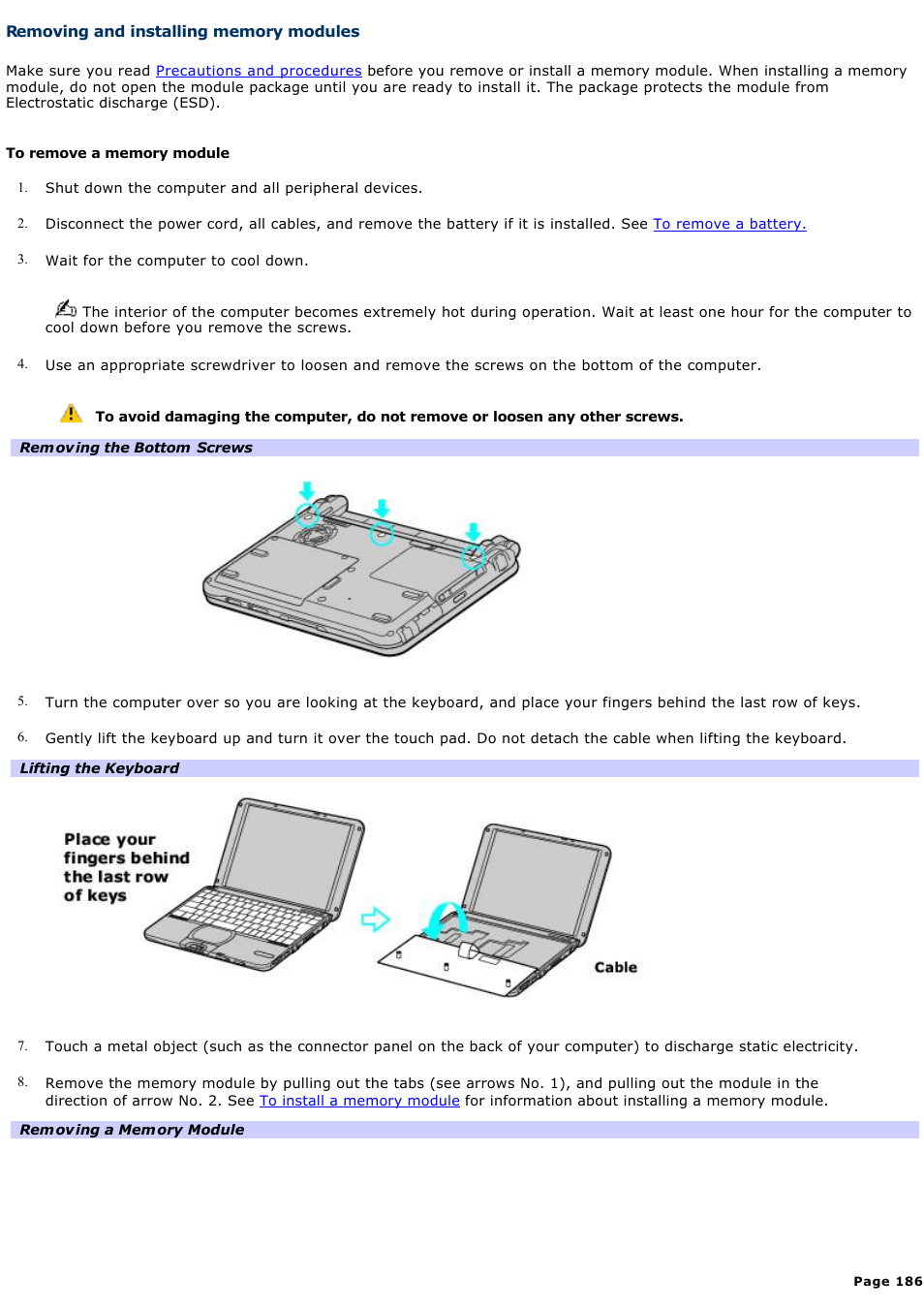 Removing and installing memory modules | Sony PCG-SRX99K User Manual | Page 186 / 217