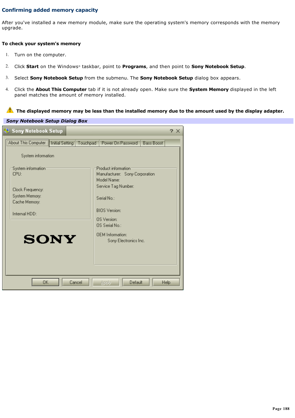 Confirming added memory capacity | Sony PCG-SRX99K User Manual | Page 188 / 217