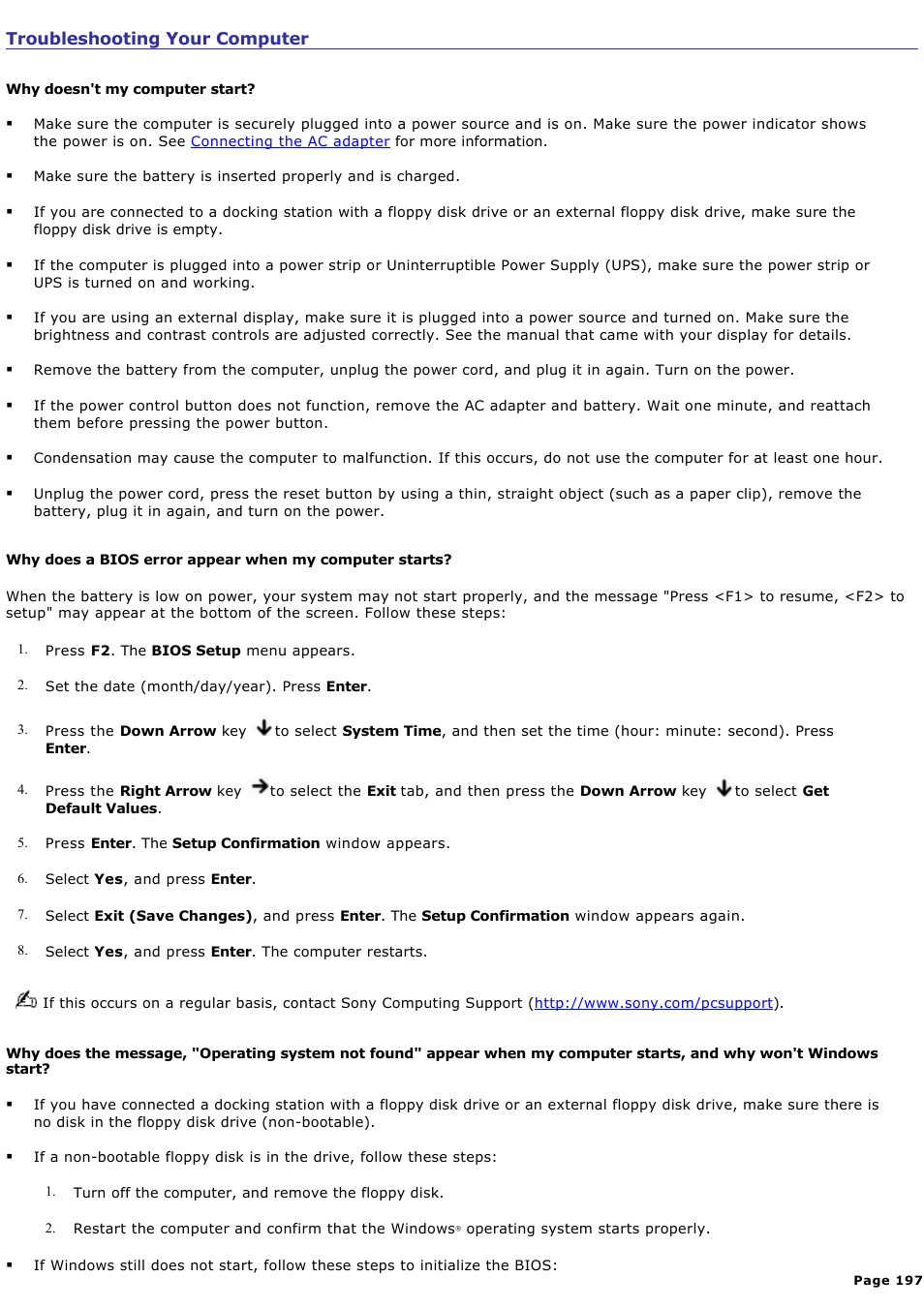 Troubleshooting your computer | Sony PCG-SRX99K User Manual | Page 197 / 217