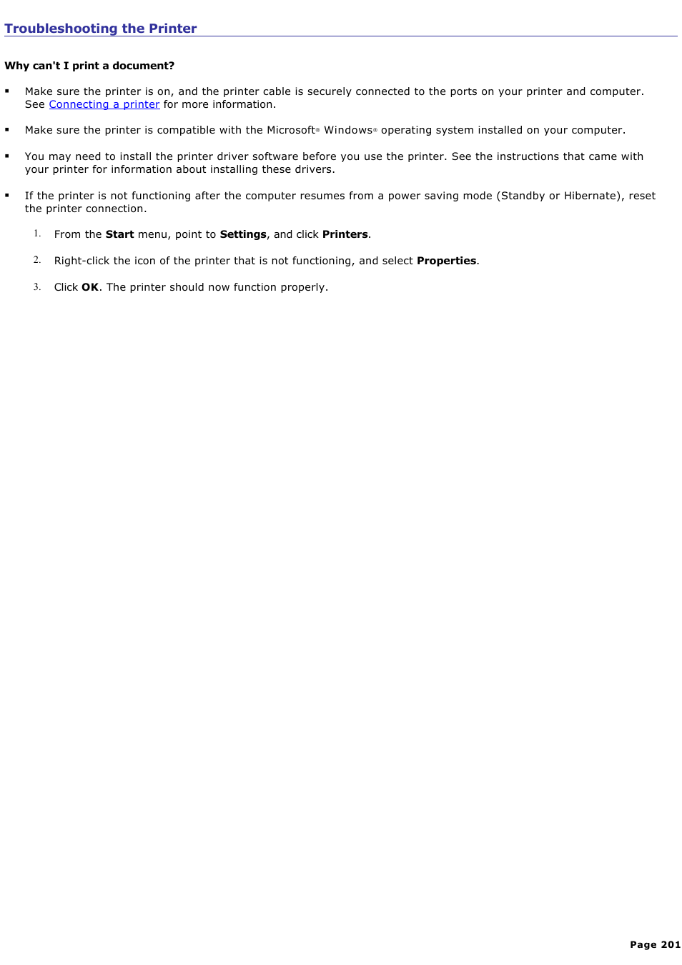 Troubleshooting the printer | Sony PCG-SRX99K User Manual | Page 201 / 217