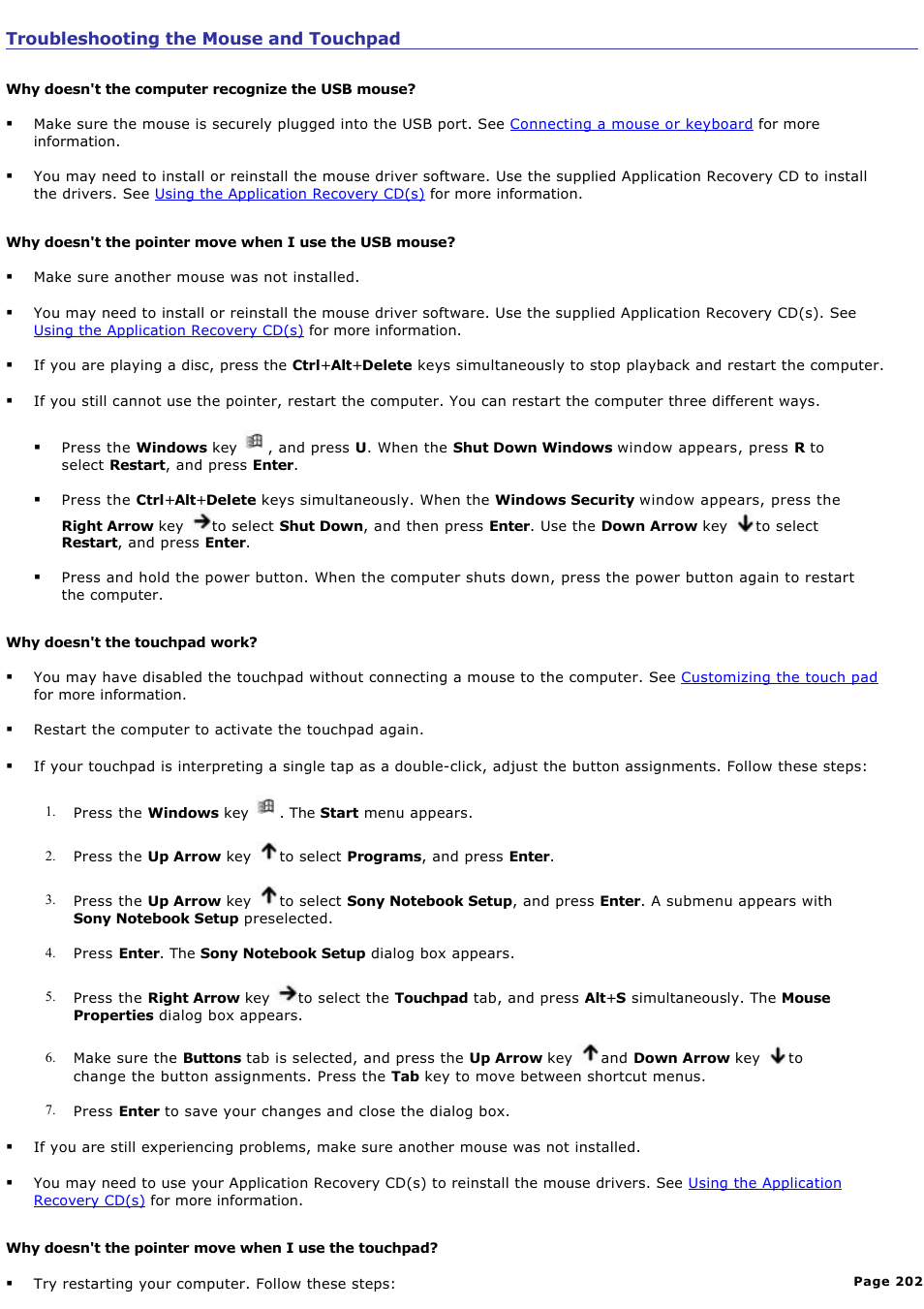 Troubleshooting the mouse and touchpad | Sony PCG-SRX99K User Manual | Page 202 / 217