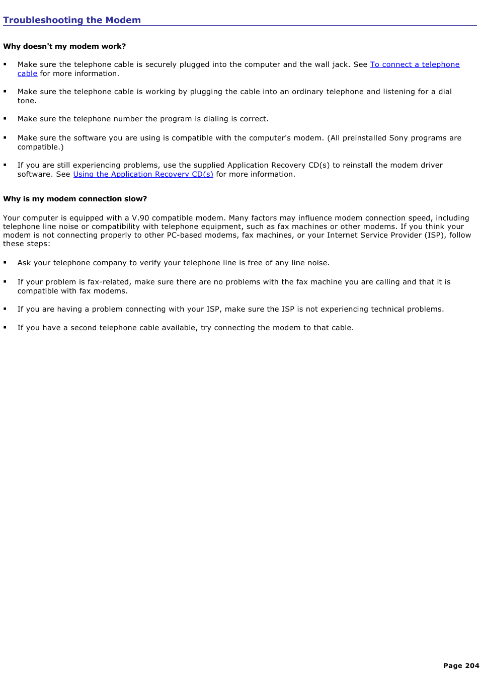 Troubleshooting the modem | Sony PCG-SRX99K User Manual | Page 204 / 217