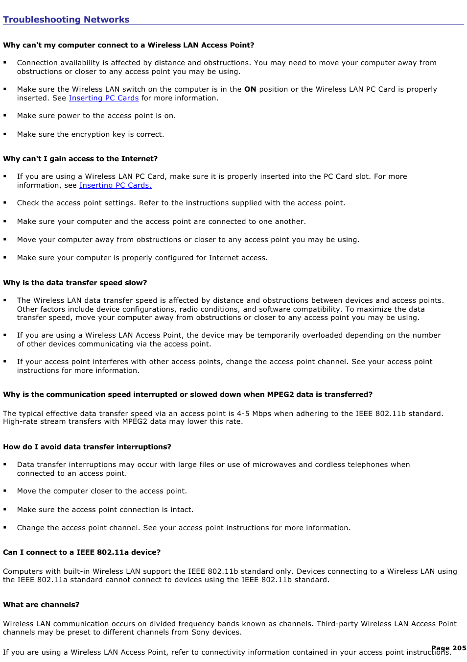 Troubleshooting networks | Sony PCG-SRX99K User Manual | Page 205 / 217