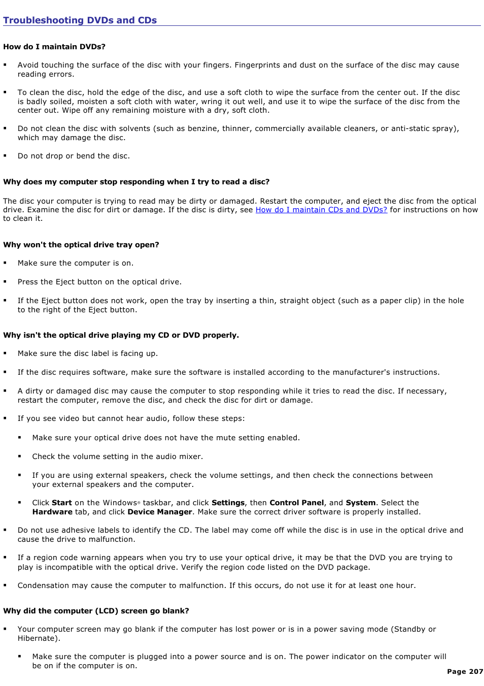 Troubleshooting dvds and cds | Sony PCG-SRX99K User Manual | Page 207 / 217