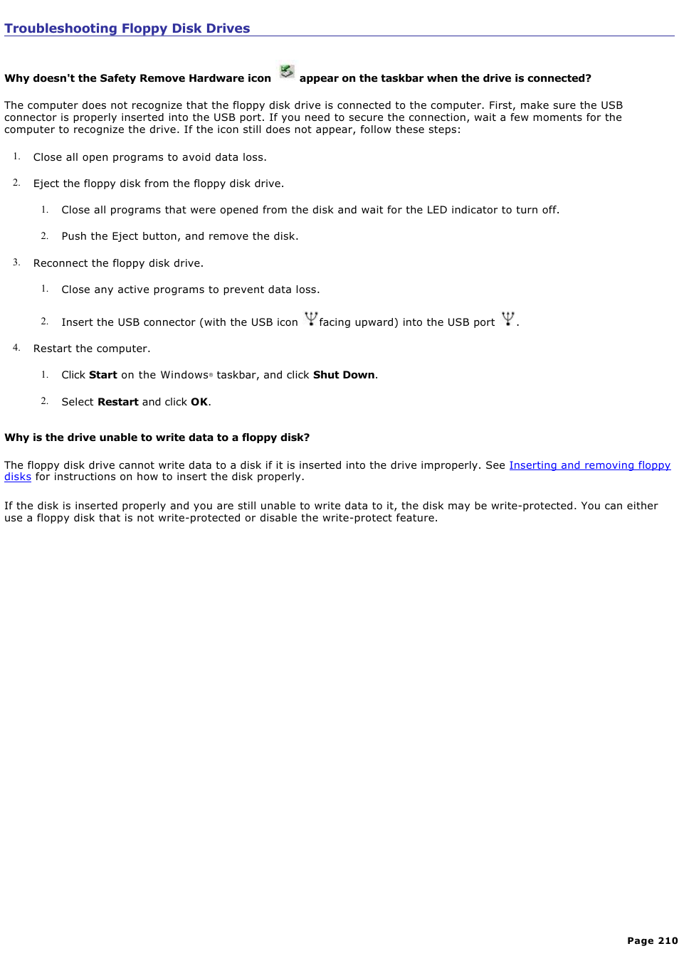 Troubleshooting floppy disk drives | Sony PCG-SRX99K User Manual | Page 210 / 217