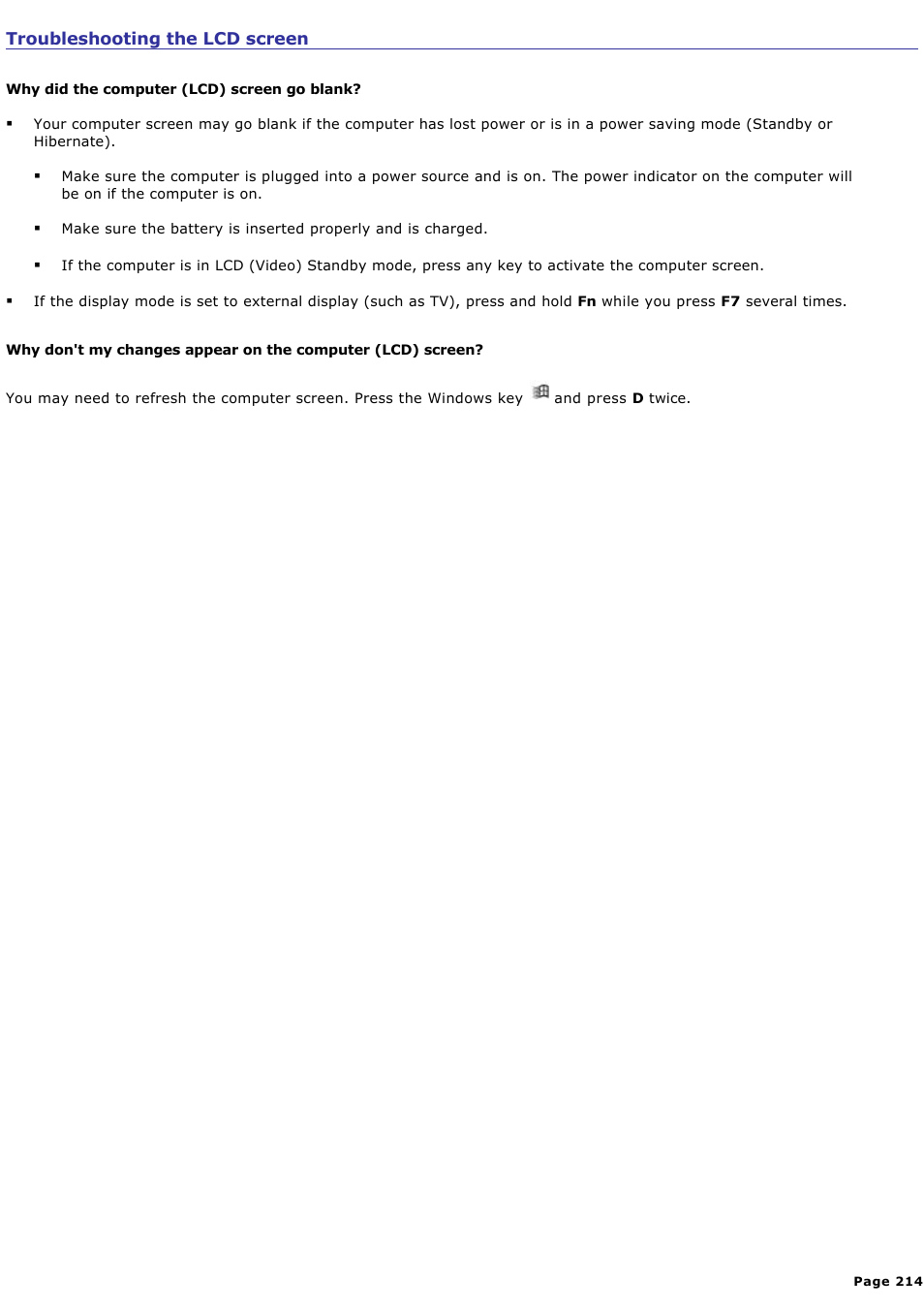 Troubleshooting the lcd screen | Sony PCG-SRX99K User Manual | Page 214 / 217