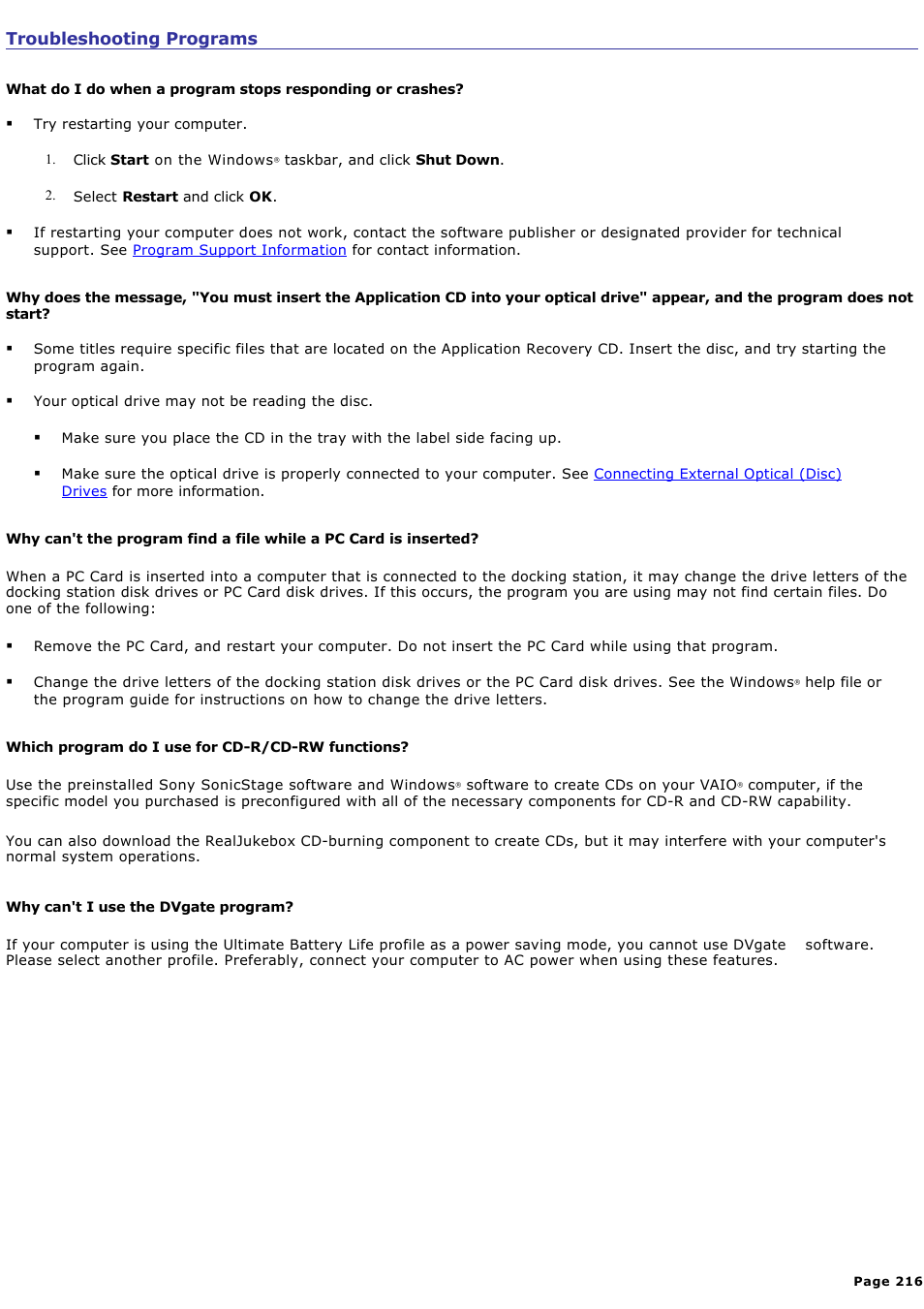 Troubleshooting programs | Sony PCG-SRX99K User Manual | Page 216 / 217