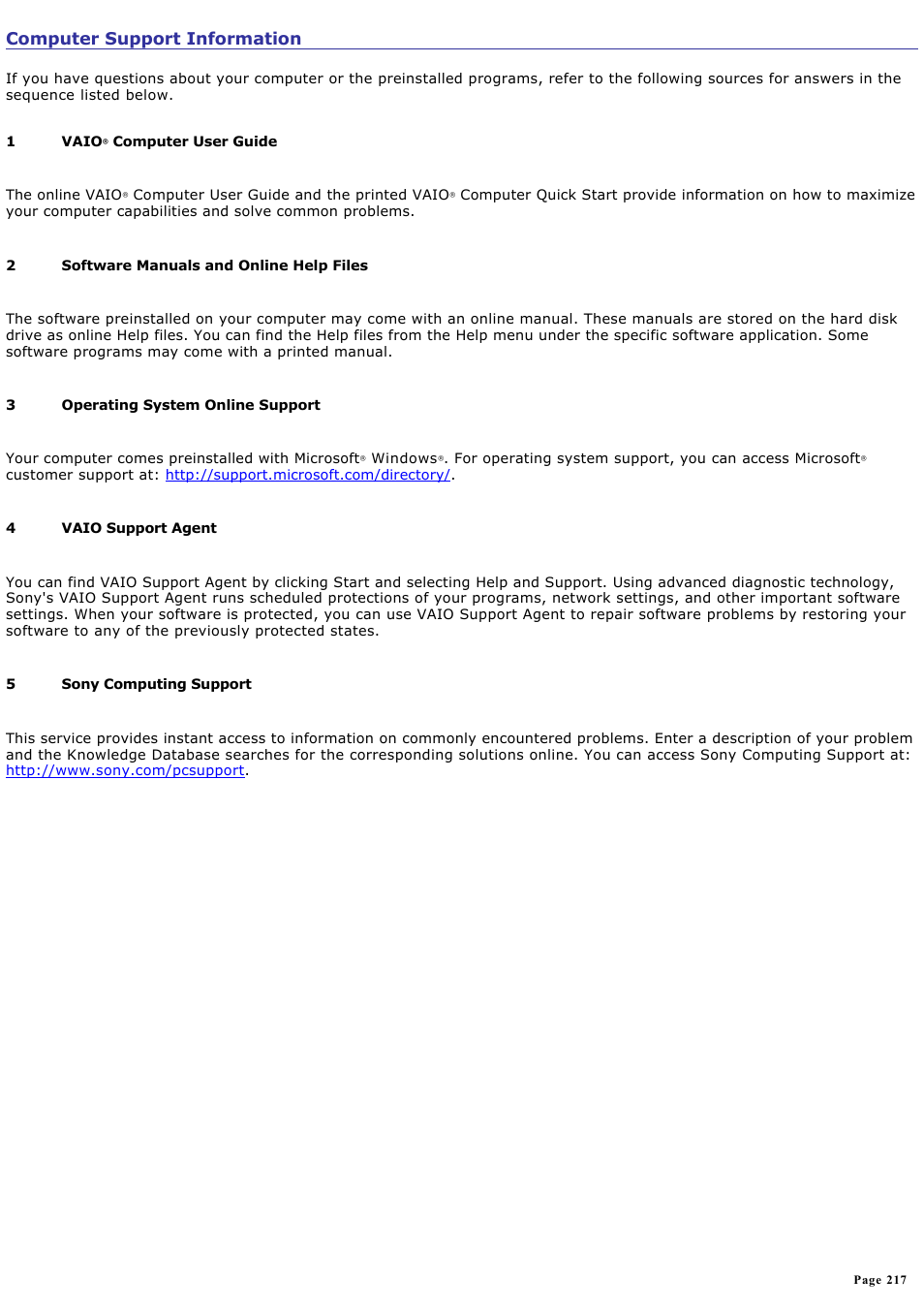 Computer support information | Sony PCG-SRX99K User Manual | Page 217 / 217