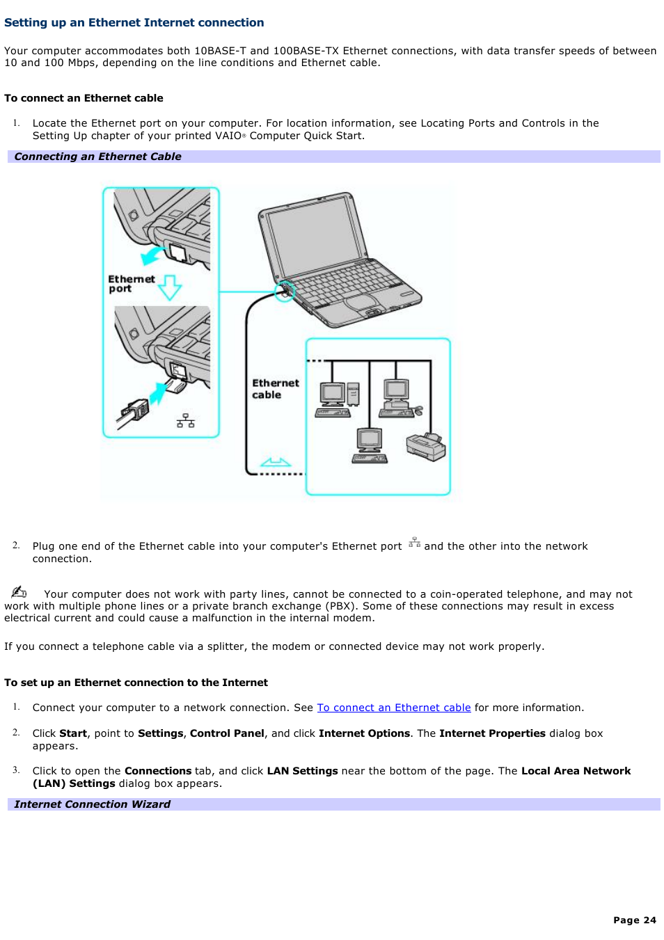 Setting up an ethernet internet connection | Sony PCG-SRX99K User Manual | Page 24 / 217