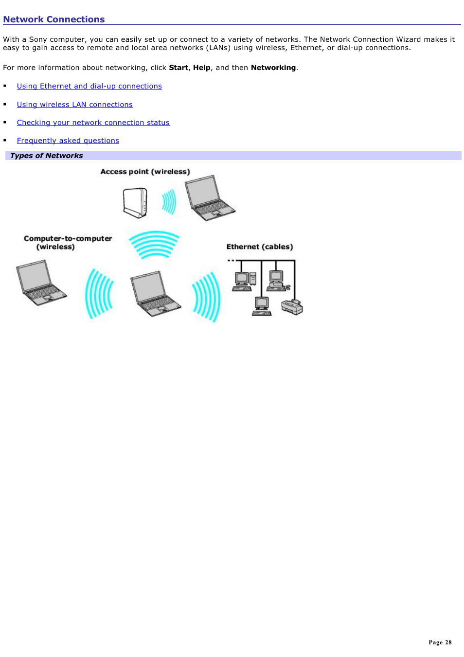 Network connections | Sony PCG-SRX99K User Manual | Page 28 / 217