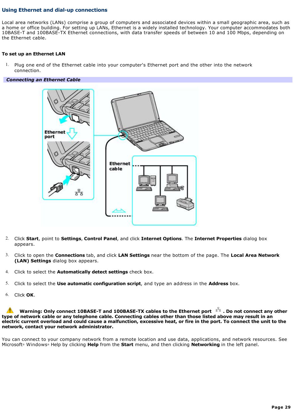 Using ethernet and dial-up connections | Sony PCG-SRX99K User Manual | Page 29 / 217