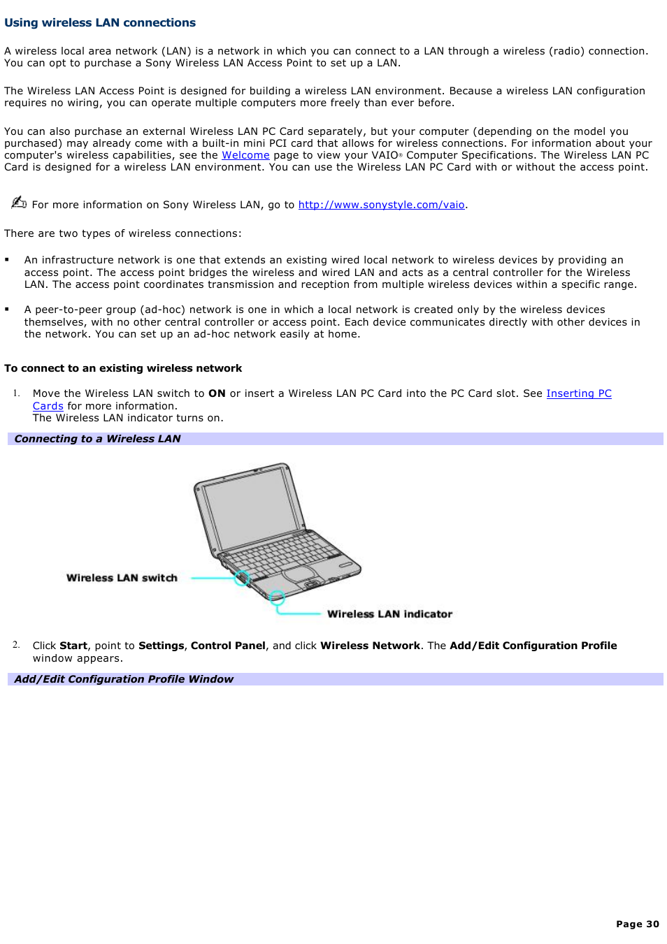 Using wireless lan connections | Sony PCG-SRX99K User Manual | Page 30 / 217