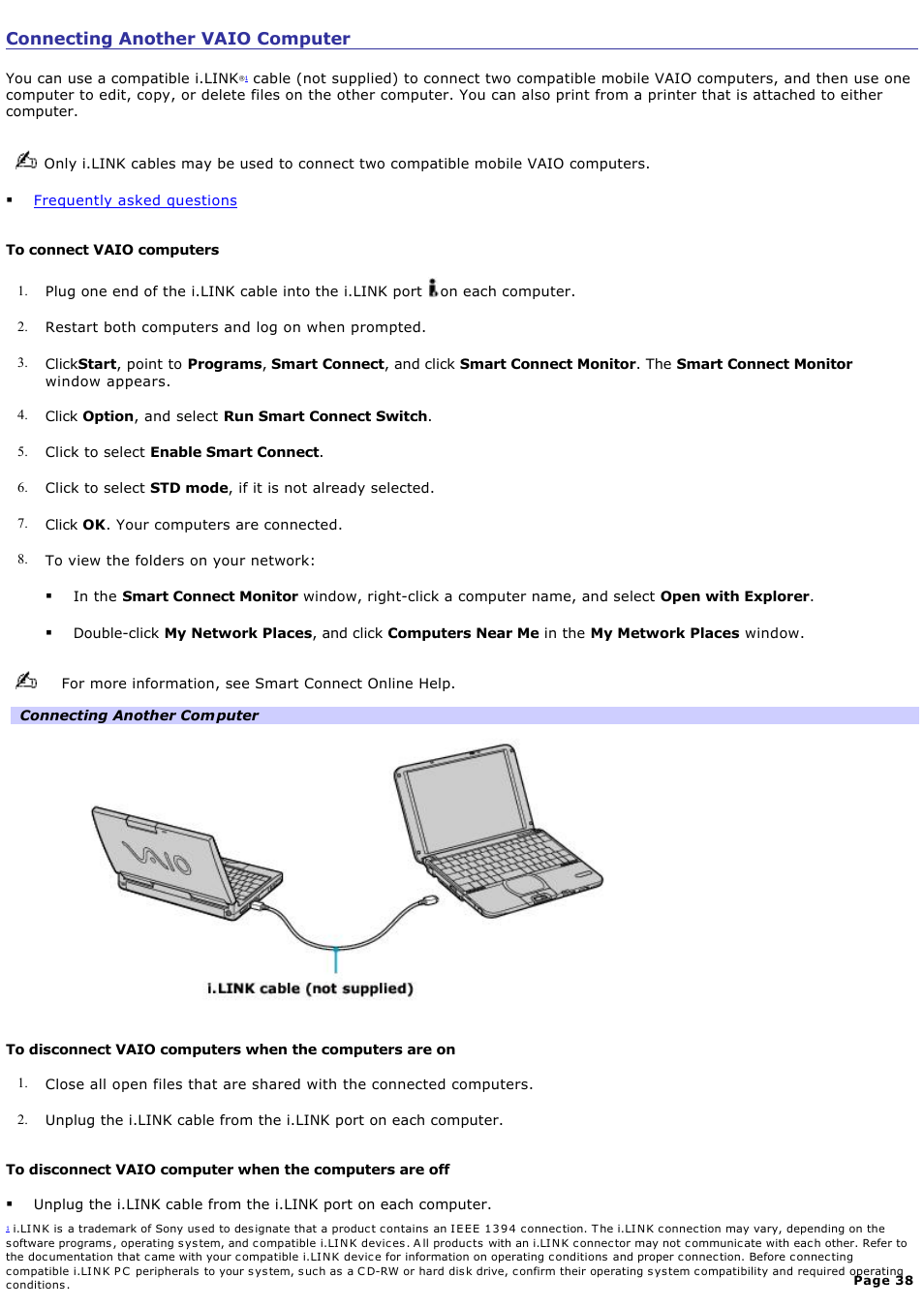 Connecting another vaio computer | Sony PCG-SRX99K User Manual | Page 38 / 217