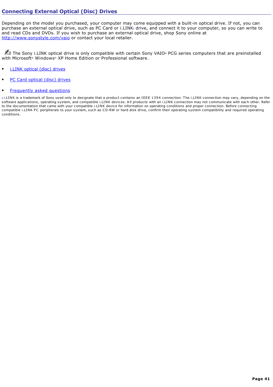 Connecting external optical (disc) drives | Sony PCG-SRX99K User Manual | Page 41 / 217