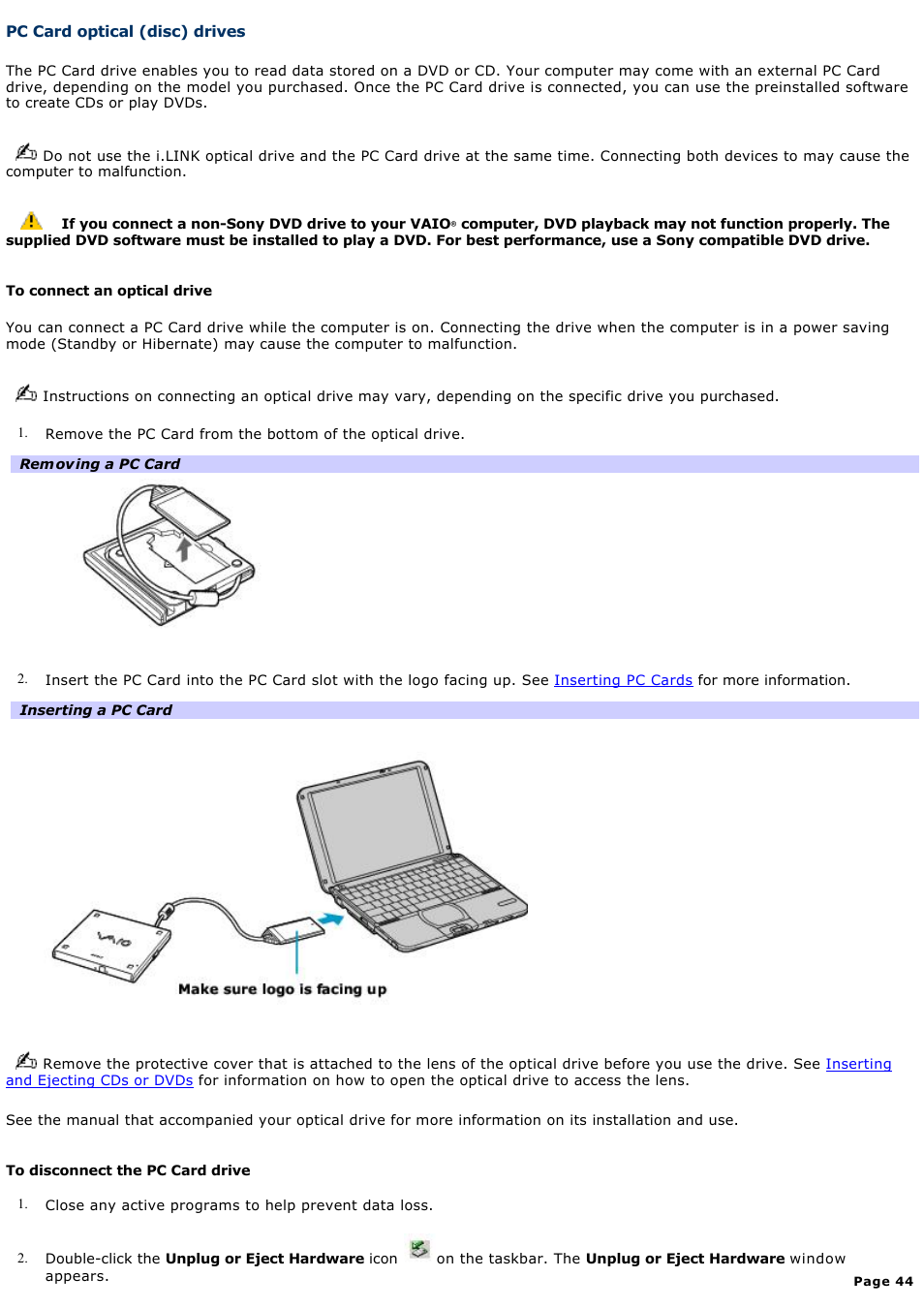 Pc card optical (disc) drives | Sony PCG-SRX99K User Manual | Page 44 / 217