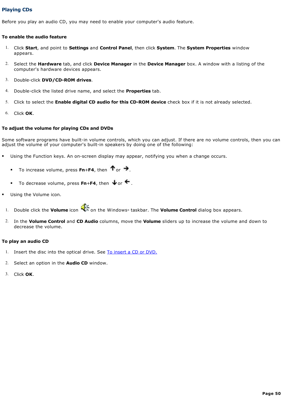 Playing cds | Sony PCG-SRX99K User Manual | Page 50 / 217