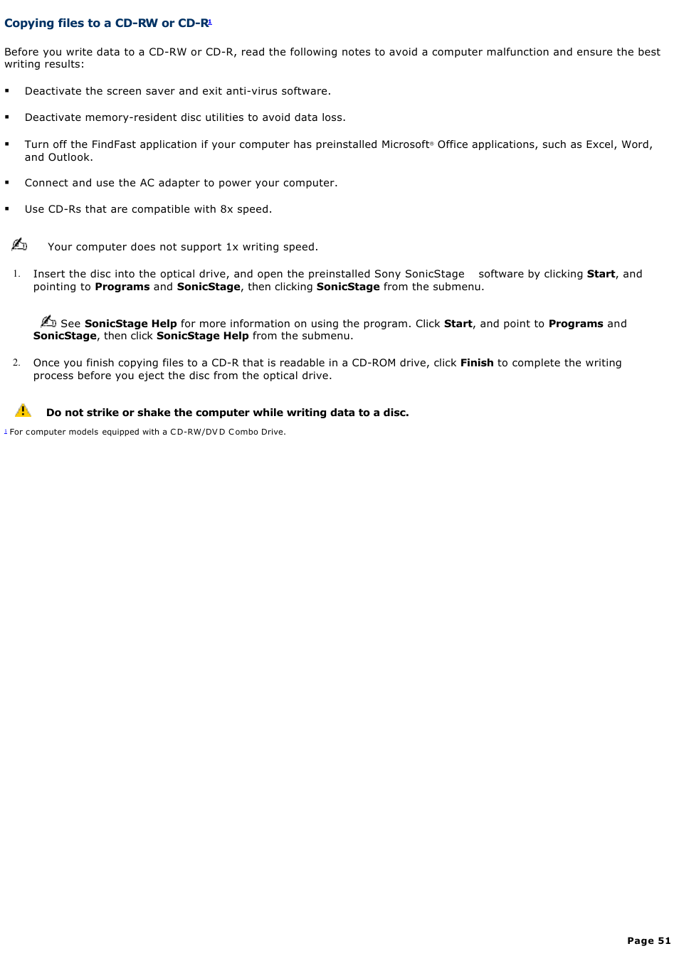 Copying files to a cd-rw or cd-r | Sony PCG-SRX99K User Manual | Page 51 / 217