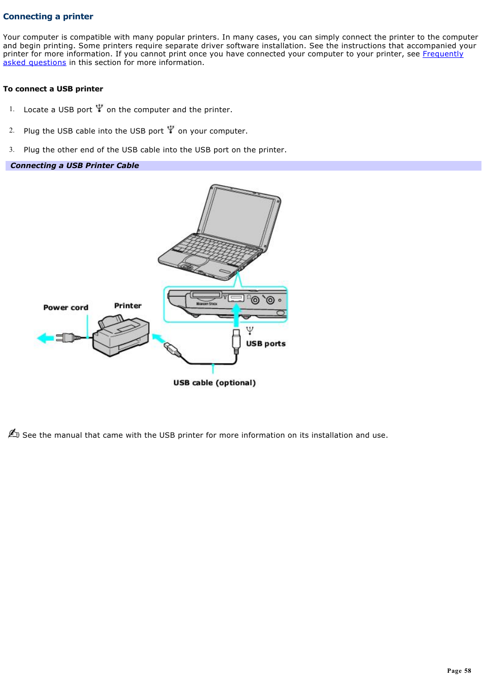 Connecting a printer | Sony PCG-SRX99K User Manual | Page 58 / 217