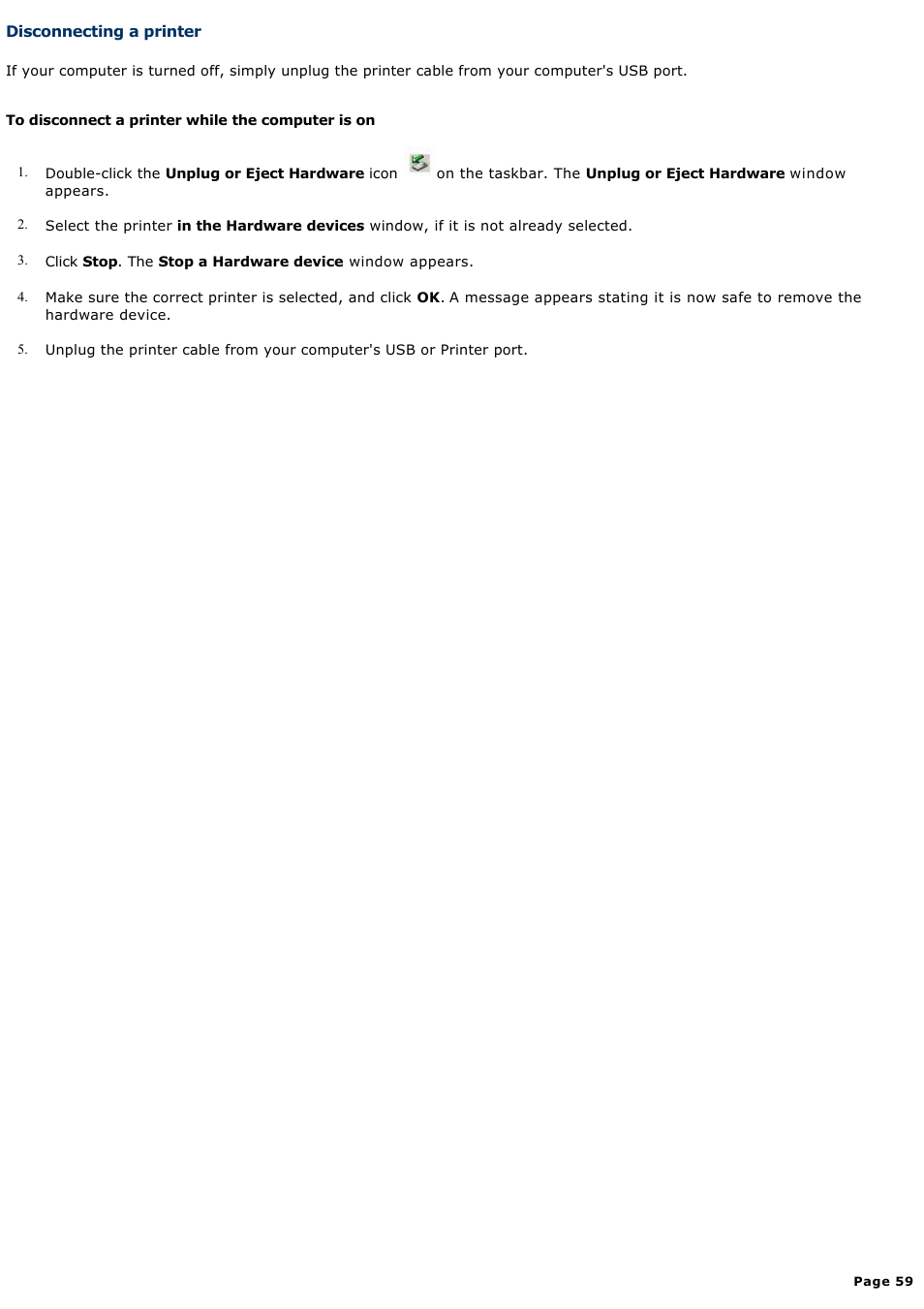 Disconnecting a printer | Sony PCG-SRX99K User Manual | Page 59 / 217