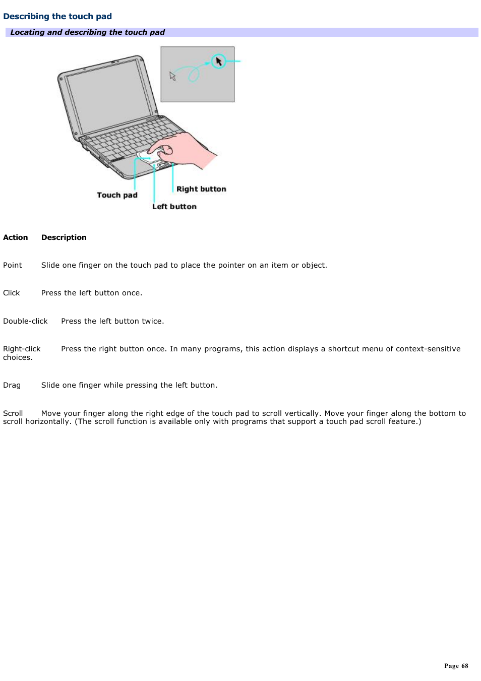 Describing the touch pad | Sony PCG-SRX99K User Manual | Page 68 / 217