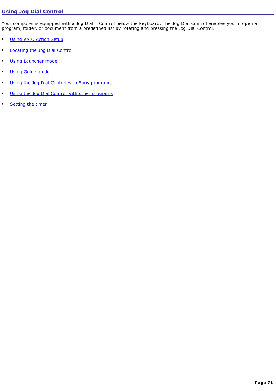 Using jog dial control | Sony PCG-SRX99K User Manual | Page 71 / 217