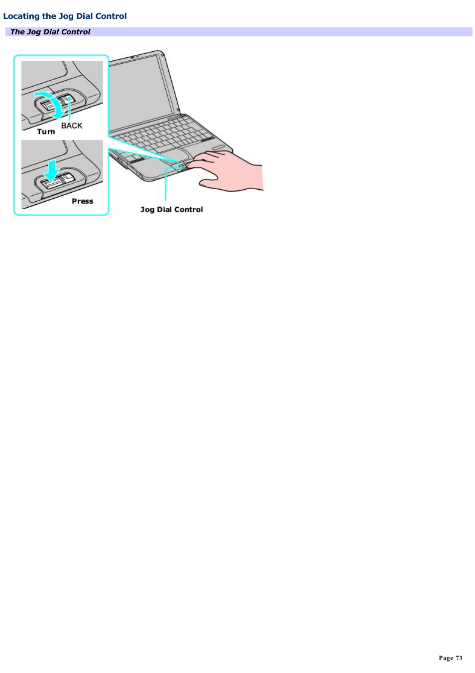 Locating the jog dial control | Sony PCG-SRX99K User Manual | Page 73 / 217