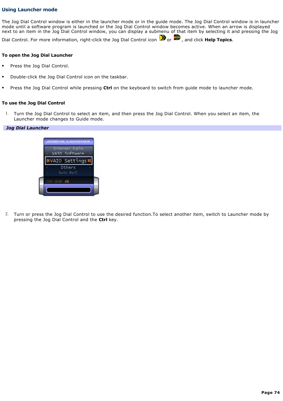 Using launcher mode | Sony PCG-SRX99K User Manual | Page 74 / 217