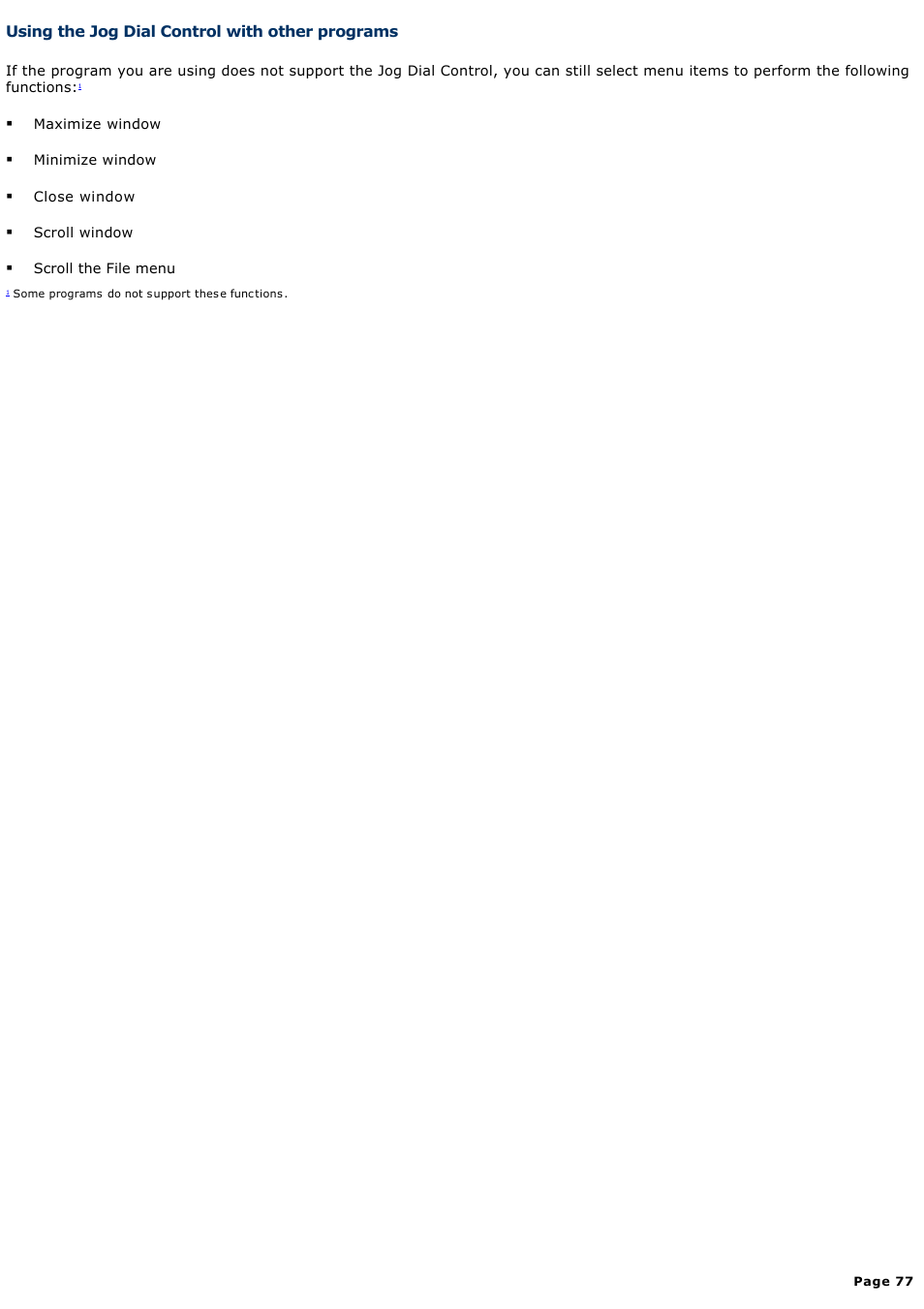 Using the jog dial control with other programs | Sony PCG-SRX99K User Manual | Page 77 / 217