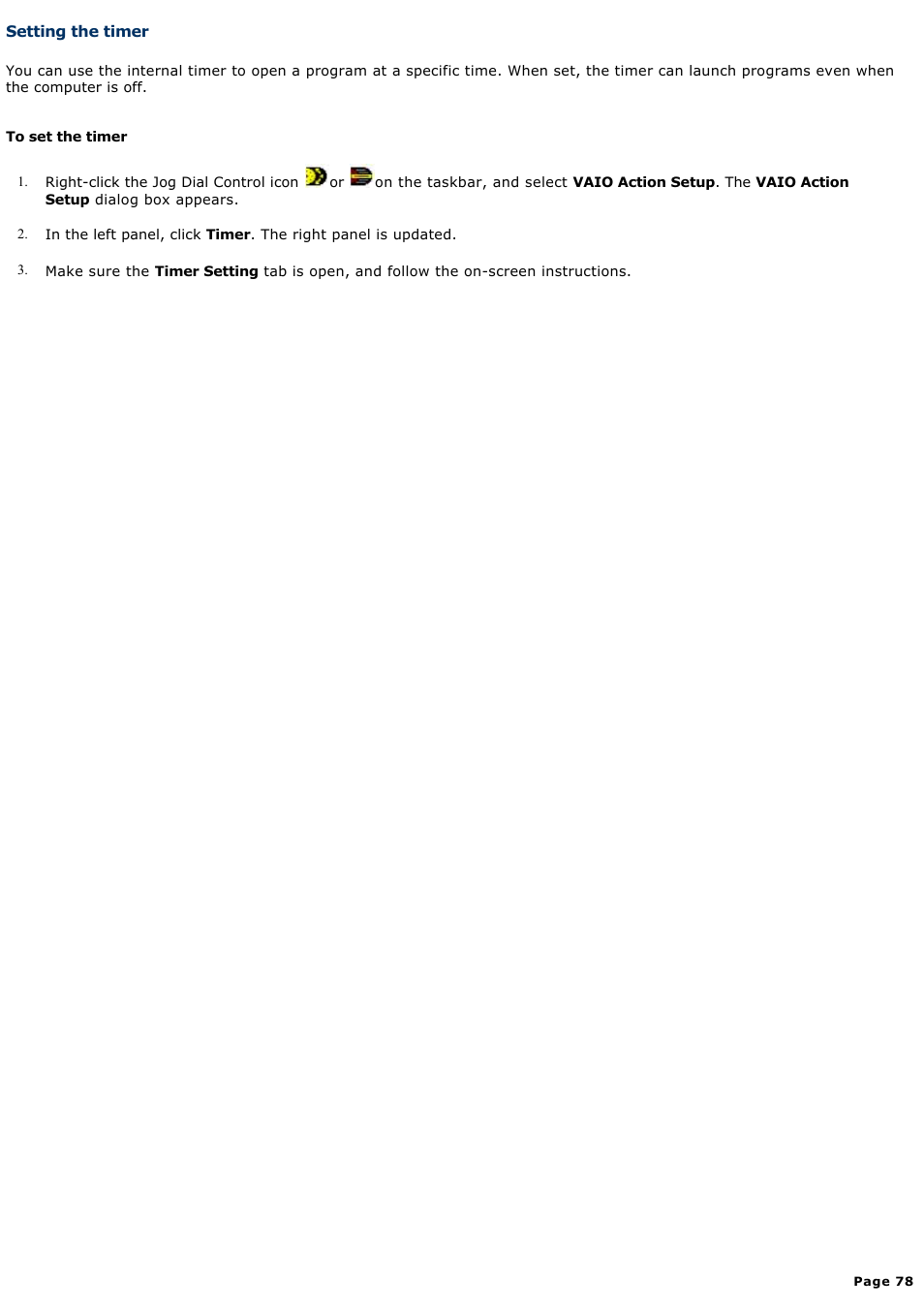 Setting the timer | Sony PCG-SRX99K User Manual | Page 78 / 217