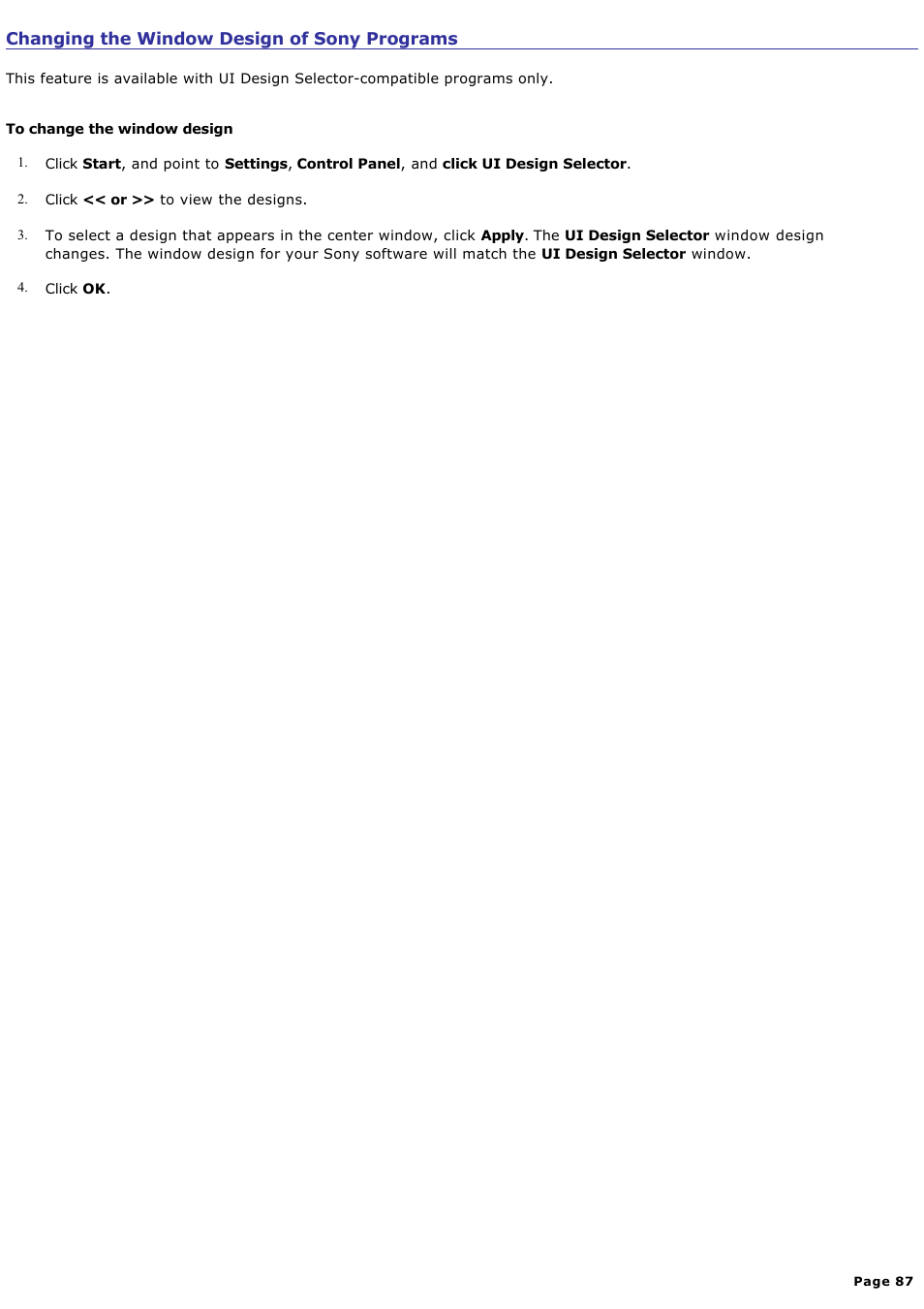 Changing the window design of sony programs | Sony PCG-SRX99K User Manual | Page 87 / 217