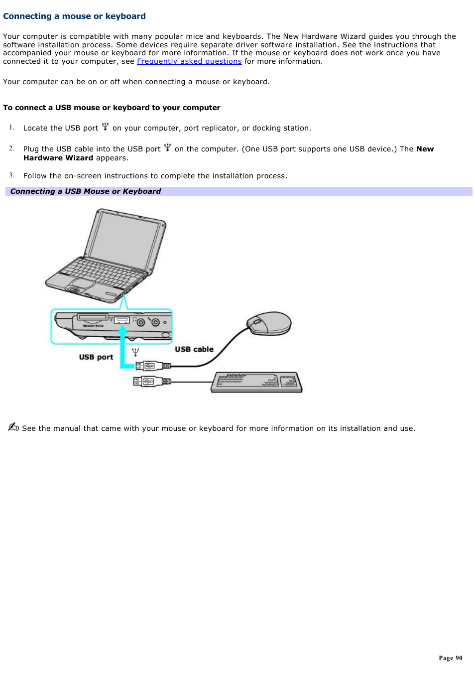 Connecting a mouse or keyboard | Sony PCG-SRX99K User Manual | Page 90 / 217