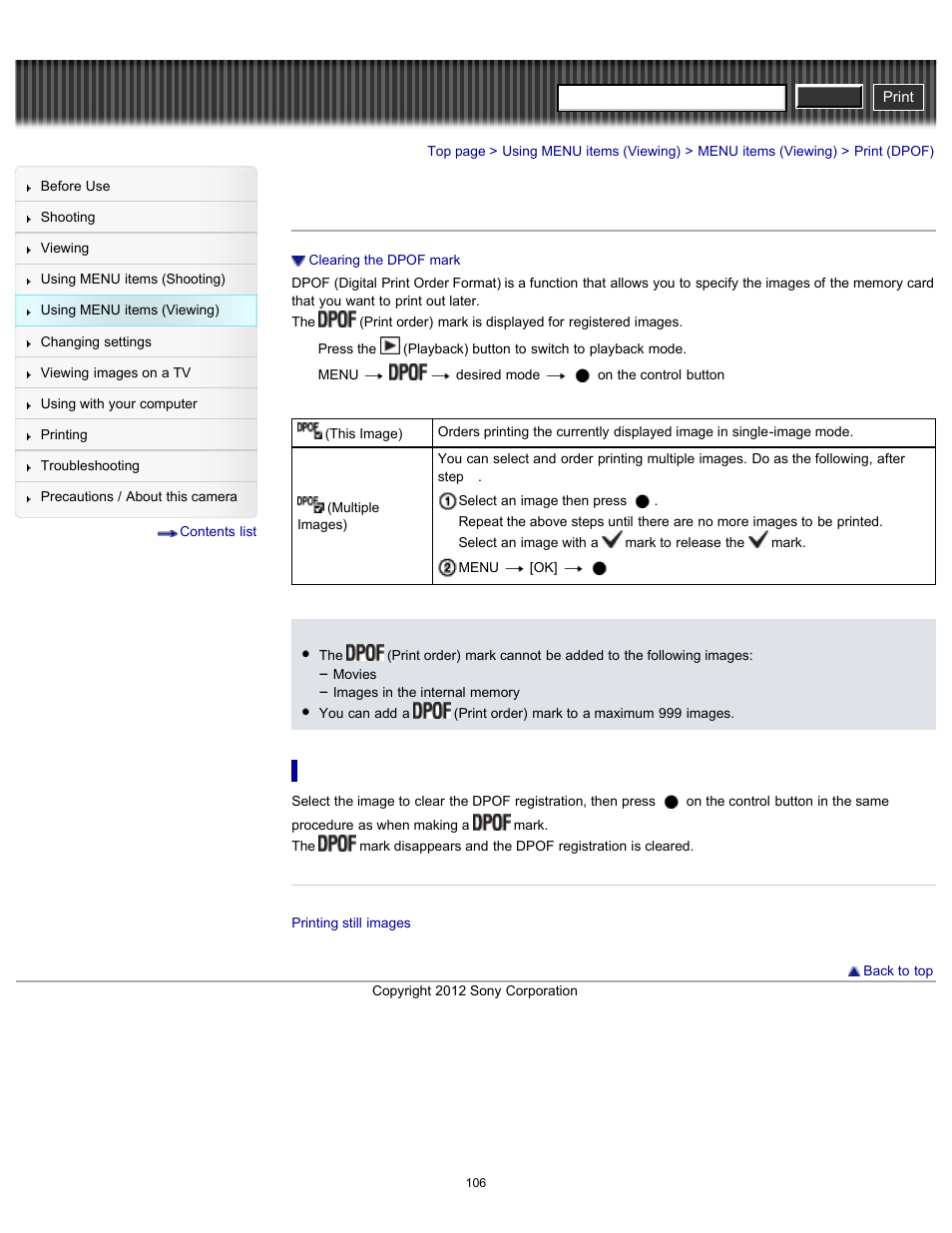 Print (dpof), Cyber-shot user guide | Sony DSC-W630 User Manual | Page 106 / 186