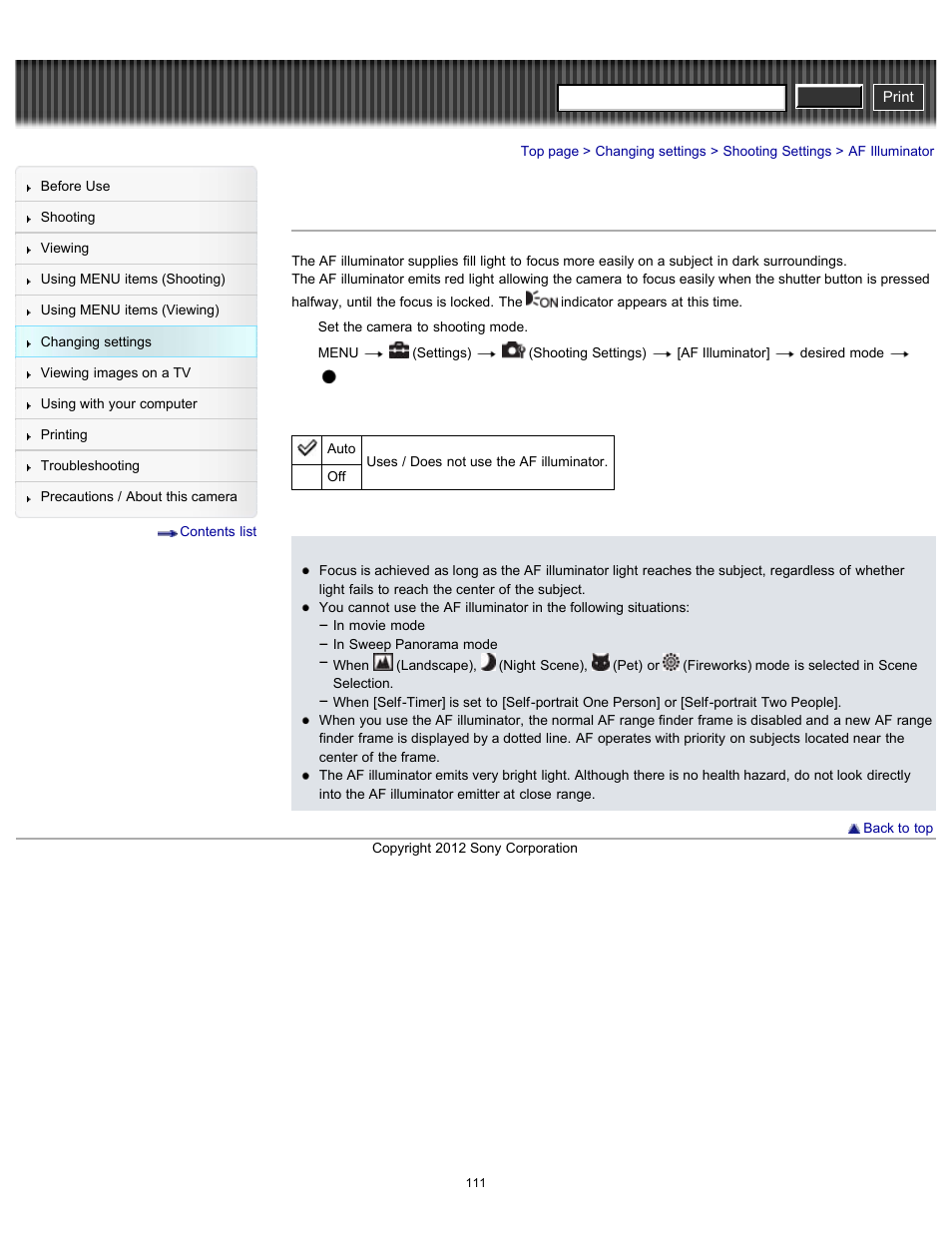 Af illuminator, Cyber-shot user guide | Sony DSC-W630 User Manual | Page 111 / 186